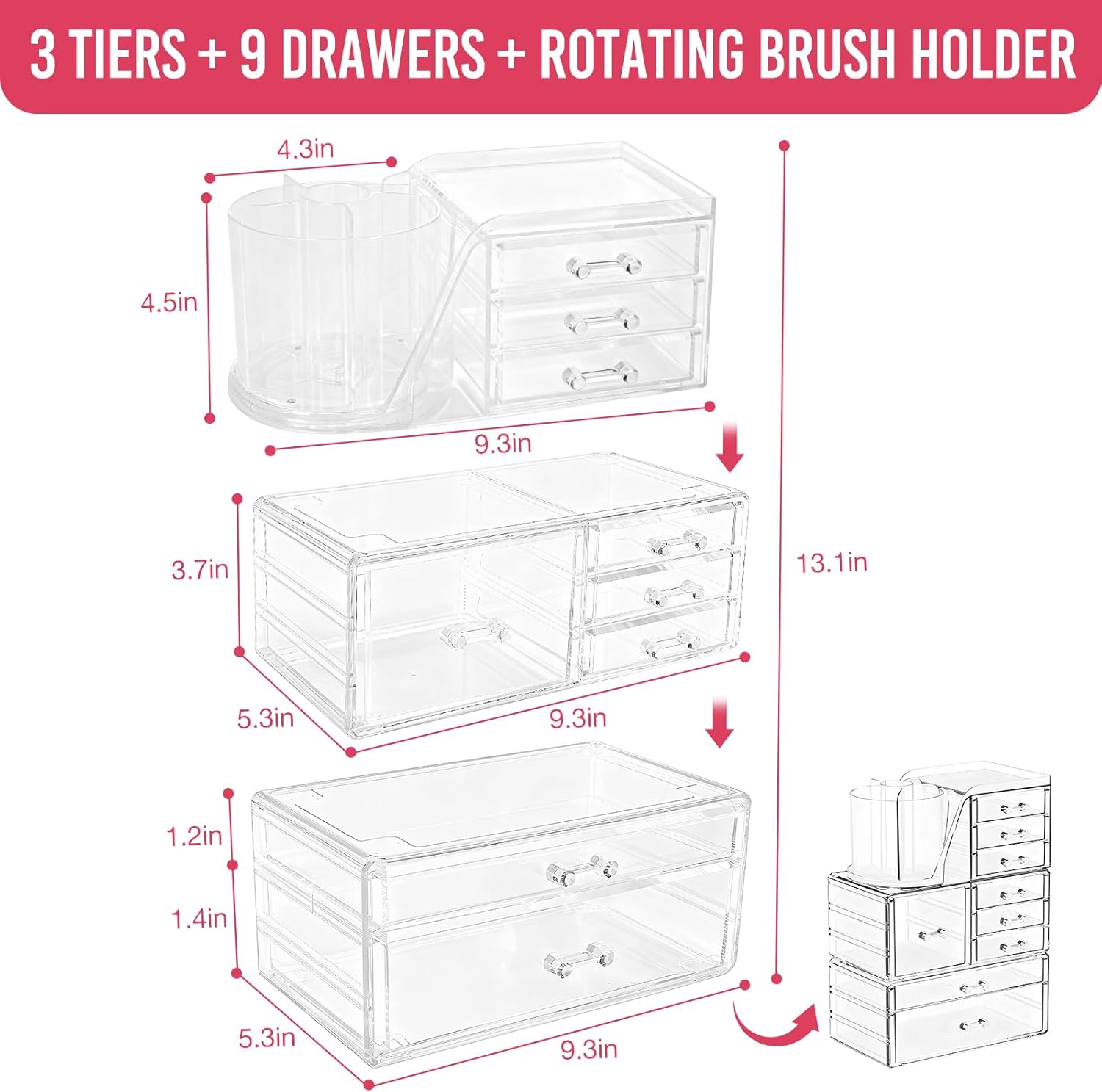 ShineMe Clear Makeup Organizer with 9 Drawers, 3 Tier Stackable Makeup Storage Organizer with Rotating Brush Holder, Acrylic Countertop Makeup Organizer for Vanity Skincare Jewelry Hair Accessories