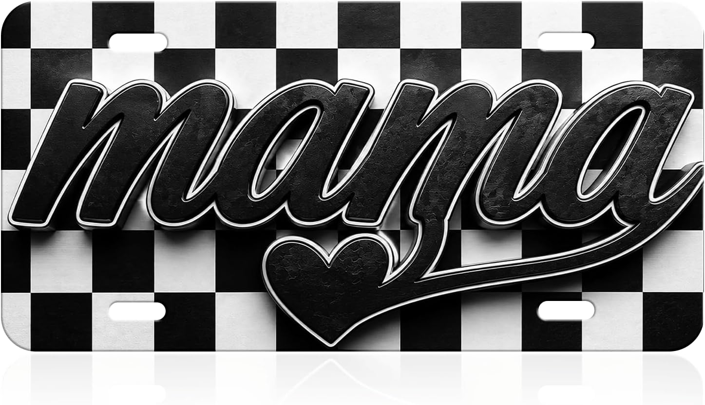 Black Check Mama Heart Aluminum License Plate, Mom Room Decor