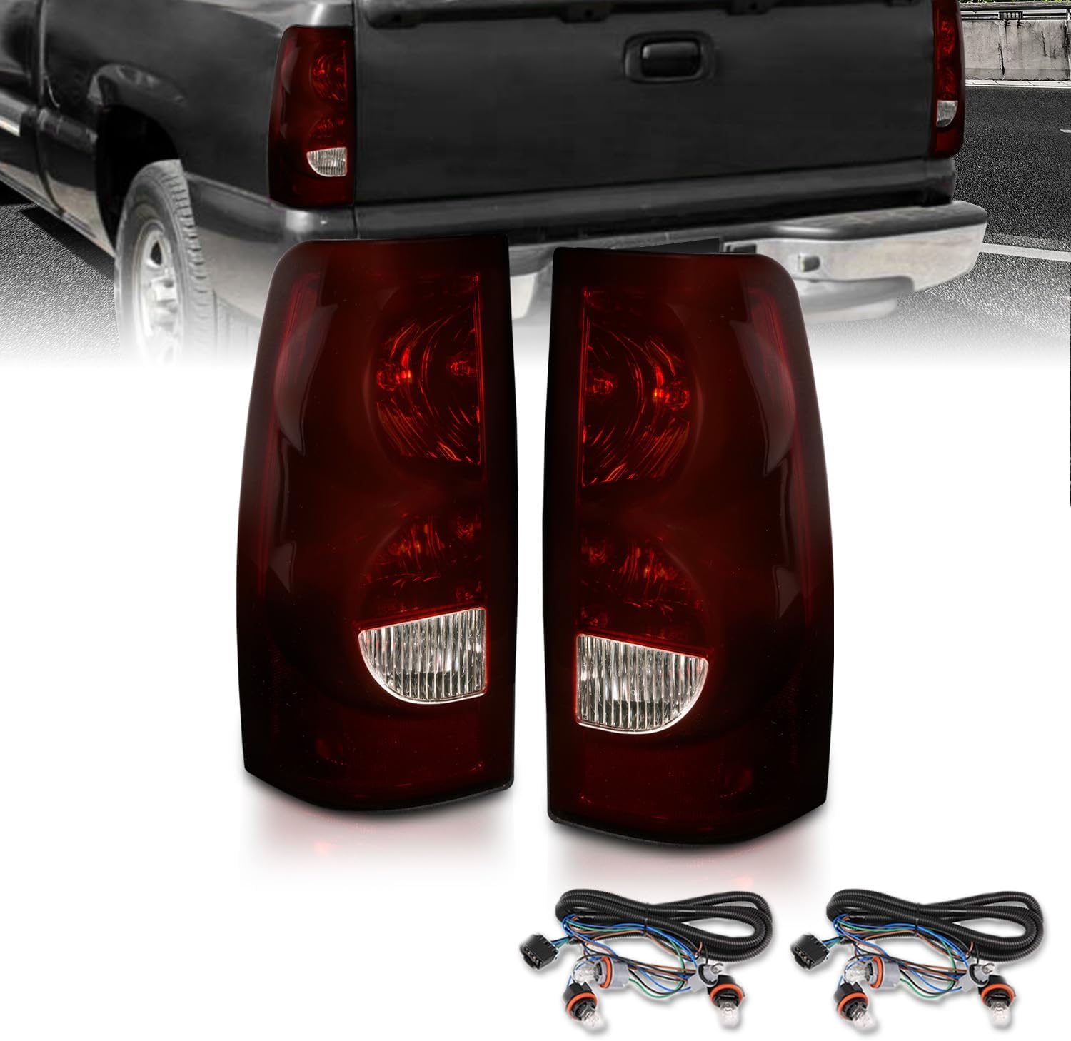 AmeriLite for 1999-2002 Chevy Silverado | 99-2006 GMC Sierra Truck Smoke Red Replacement Brake Tail Lights Pair - Passenger and Driver Side