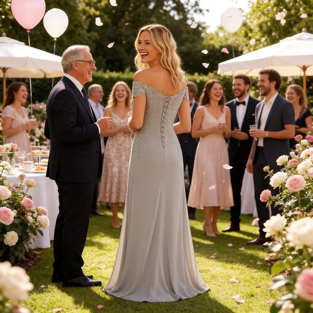 Vestido formal de gasa con hombros descubiertos para madre de la novia, con apliques de encaje | Vestido largo formal de fiesta de noche con apliques de encaje para invitada de boda