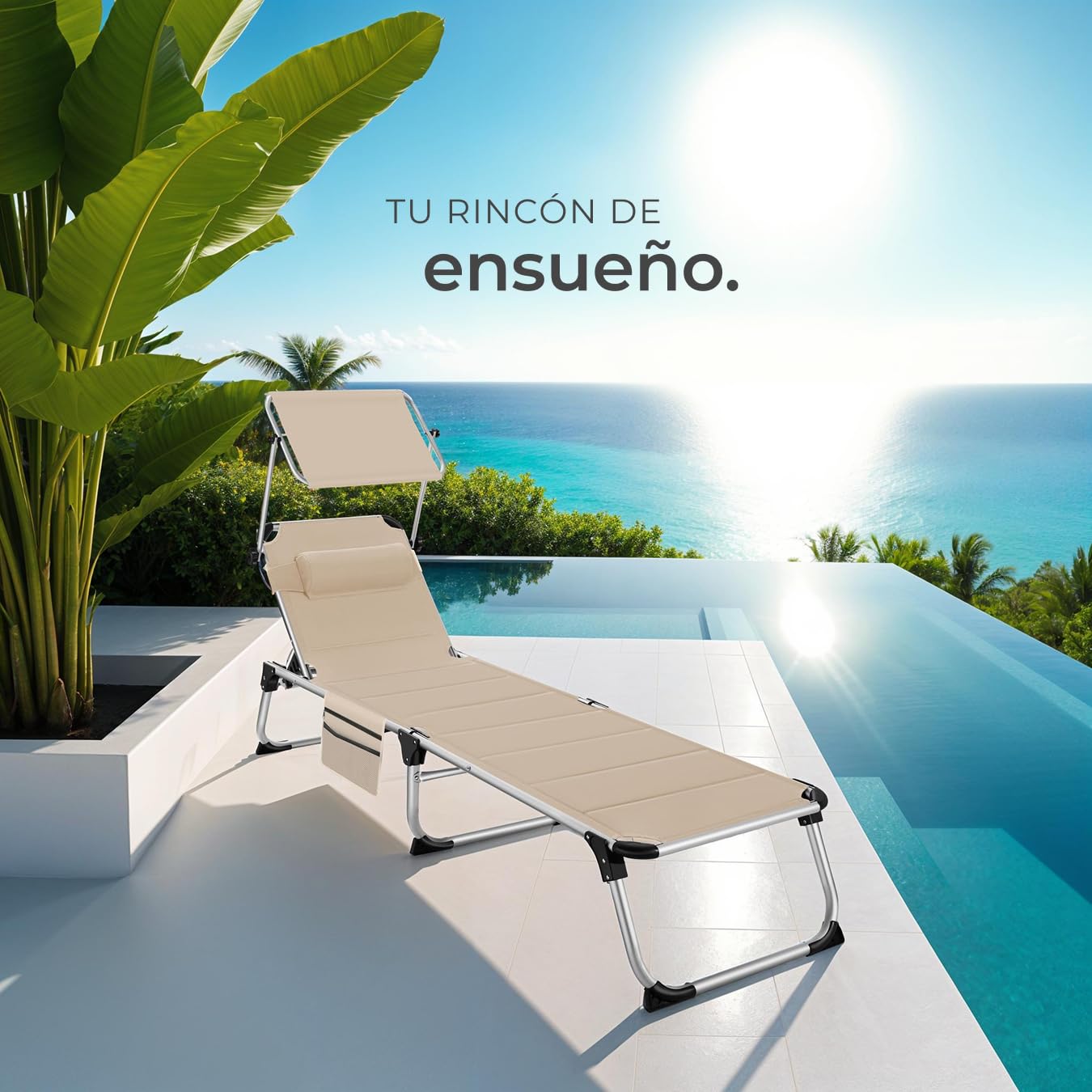 tectake® Tumbona Jardín Exterior de Aluminio, Tumbona Plegable con Reposacabezas, Parasol y Bolsillo Lateral, Playa Reclinable en 6 Posiciones, Resistente a Intemperie - Beige