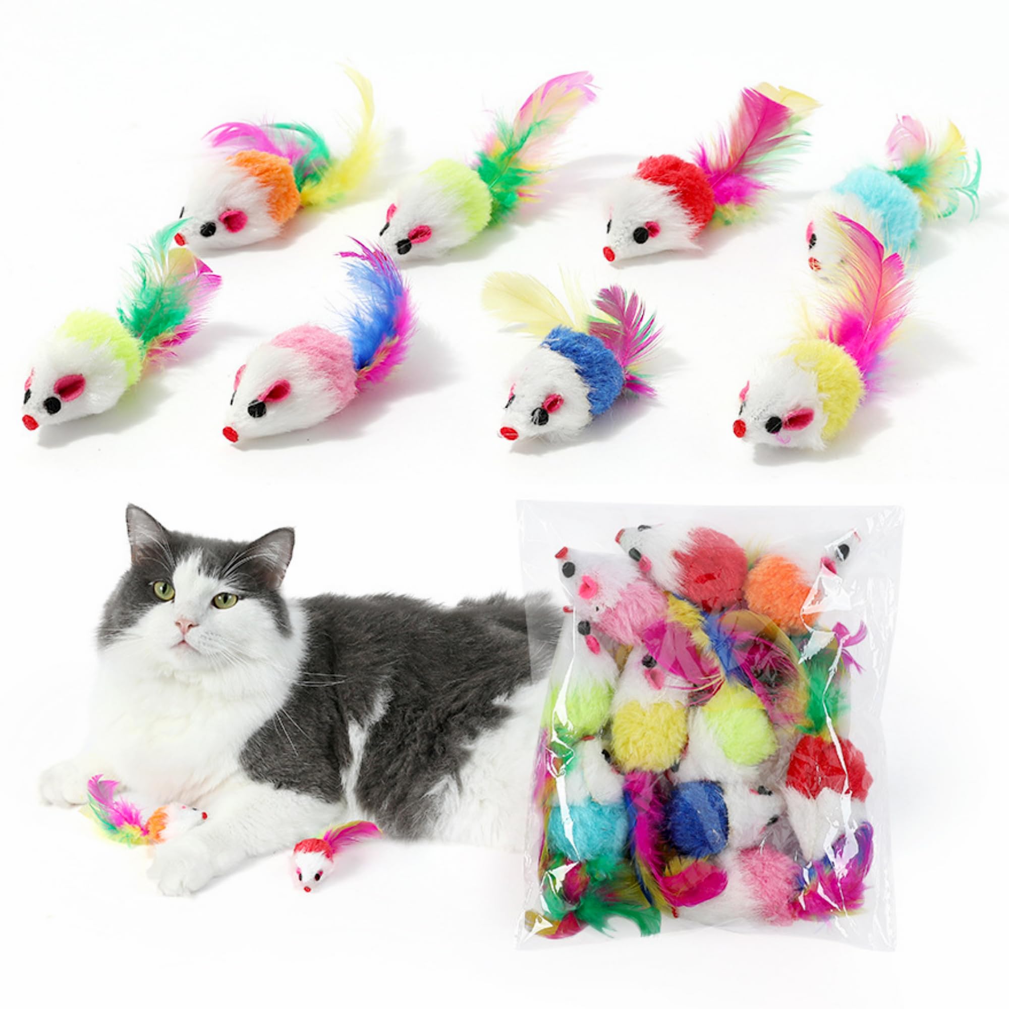 Juguetes de ratones para gatos, 6 piezas de piel sintética para gatos, juguete de ratones peludos surtidos de 5.5 pulgadas, tamaño realista, mini ratones para gatos aburridos de interior