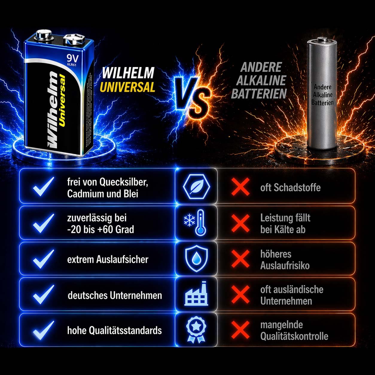 Wilhelm 9V Blockbatterien Alkaline 6LR61 Universal Longlife – 200 Stück