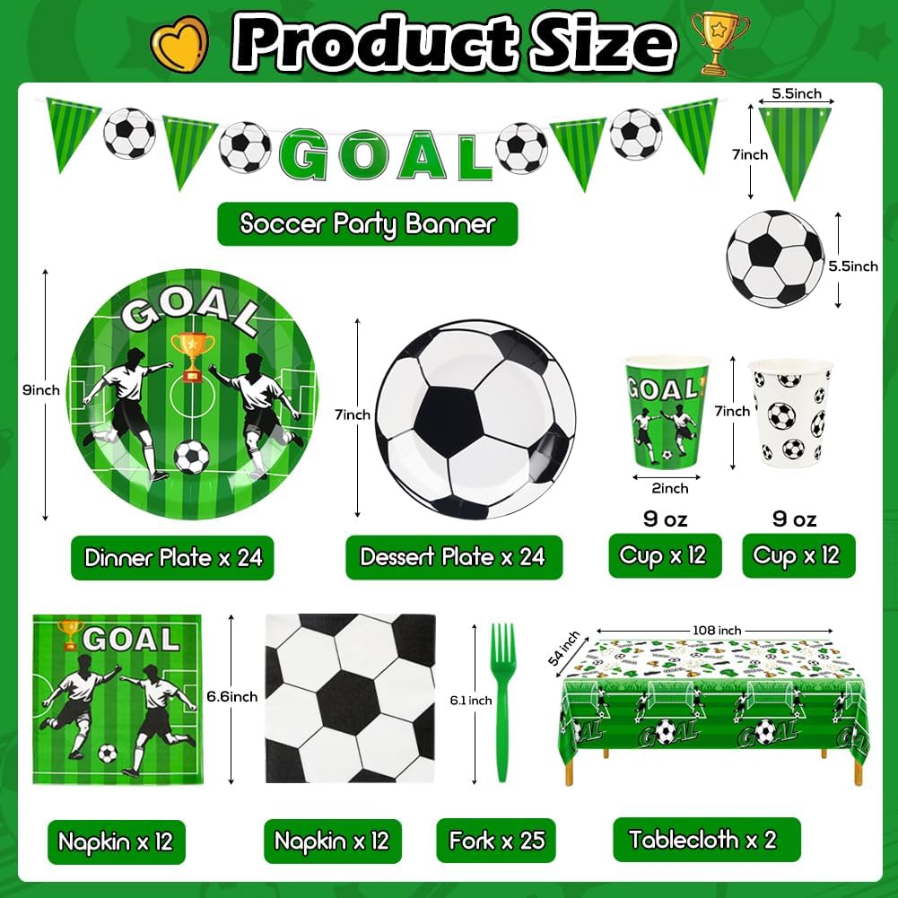 123PCS Soccer Party Decorations - World Cup Theme Soccer Birthday Party Decorations, Serves 24, Soccer Plates and Napkins with Banner & Tablecloth for Fans