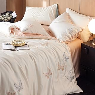 Pink Tencel Lyocell Duvet Cover King Size, 4 Pieces Soft Cooling Bedding Set for Hot Sleepers- 1 Embroidered Butterfly Duvet Cover 104x90 Inches with Zipper Closure, 2 Pillowcases, 1 Flat Sheet