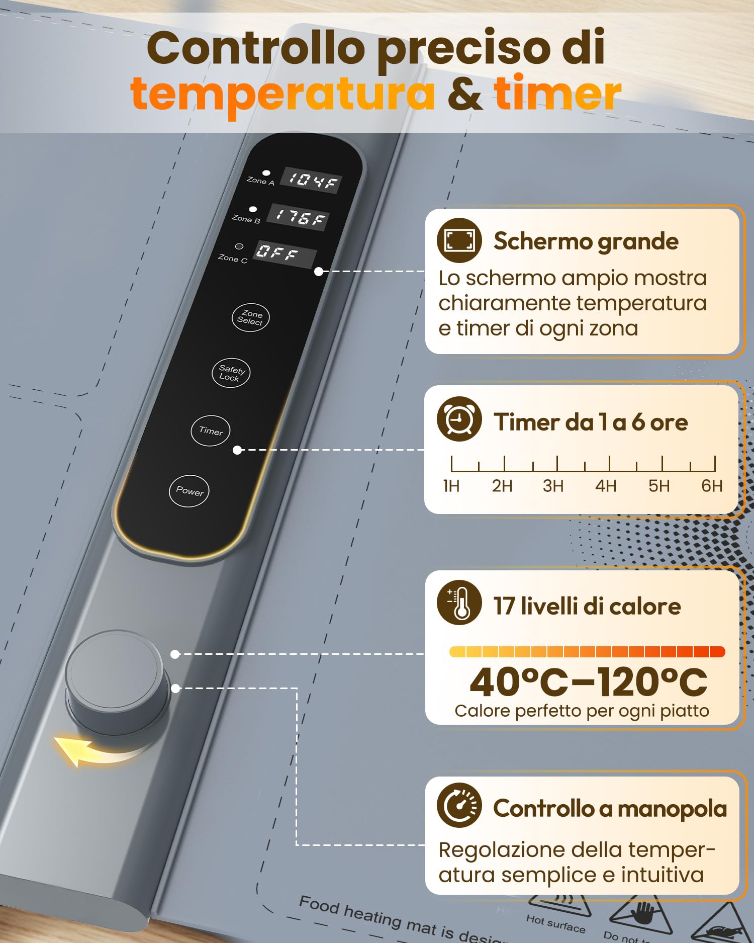 Vassoio Riscaldante Elettrico a 3 Zone Indipendenti 101×43 cm, Vassoio Riscaldante Pieghevole con 17 Livelli di Temperatura Precisi e Timer 1–6H, Tappetino Riscaldante in Silicone per Buffet e Feste