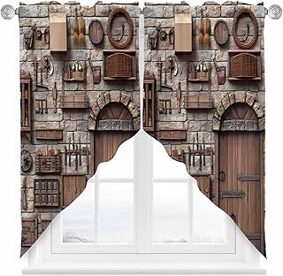 Rustic Antique Swag Valances for Windows, Kitchen Window Curtains Over Sink, Medieval Historical Wooden Vintage Window Treatment Curtains for Living Room/Bedroom Curtains 2 Panel Sets 36"x45"