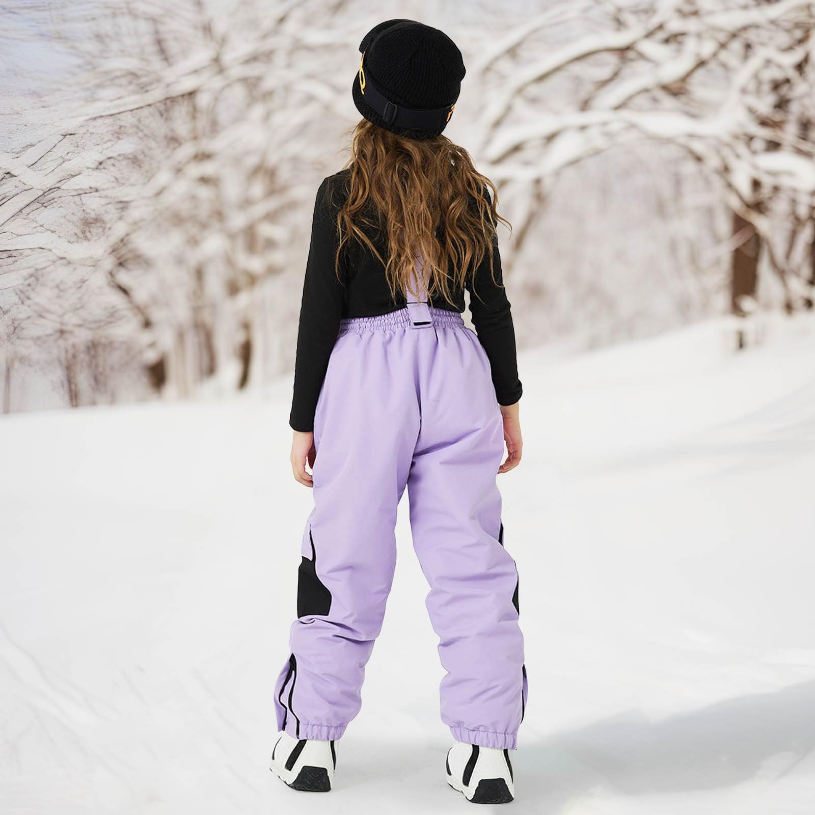 Pantaloni da sci per bambini, con calda imbottitura, con spalline, pantaloni da neve per ragazzi e ragazze, impermeabili, elastici, bretelle per snowboard, pantaloni da sci