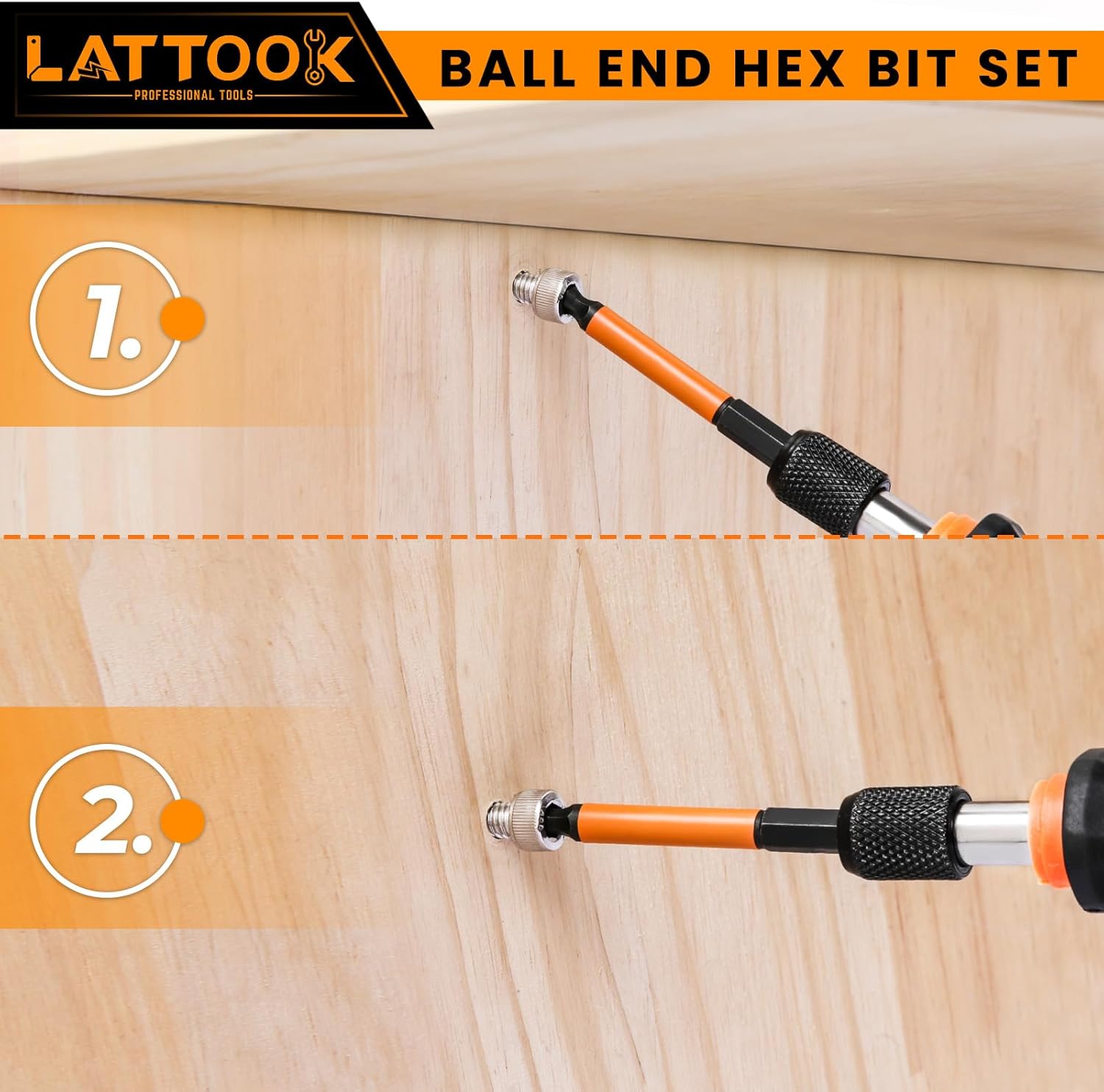 Ball End Hex Head Allen Wrench Drill Bit Set with T Handle Ratchet Driver, 24PCS Metric & SAE Ball End Hex Bit Set Allen Key Bit Set Hex Key Drill Bit Set with T Handle, S2 Steel, 2.5'' Long - Image 5