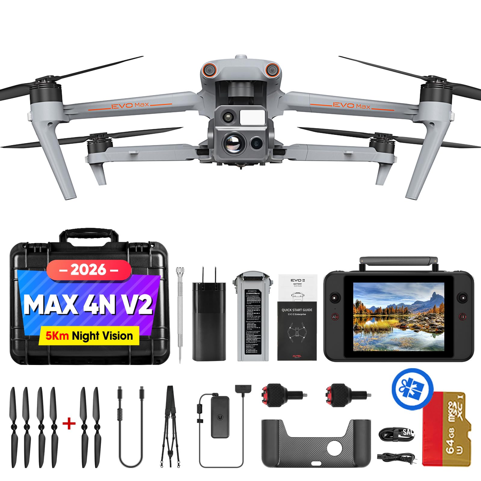 Robotics EVO MAX 4N V2, Starlight Night-Vision/ Wide/ Thermal/ L~aser 4 Cameras in One UAV, Upgrade of MAX 4T V2/ 4N, 5KM Night Vision Observation, A-Mesh 1.0, 720° Obstacle Avoidance, Triple Anti-Jamming, Hot-Swappable, 42 Mins, IP43, Autel SDK