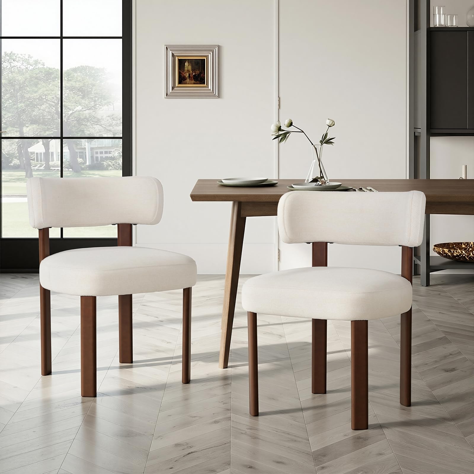 COLAMY Wooden Dining Chairs Set of 2, Fabric Chairs for Dining Room with Open Curved Backrest and Thick Seat Cushion, Upholstered Kitchen Chair with Anti-Slip Pads, Beige
