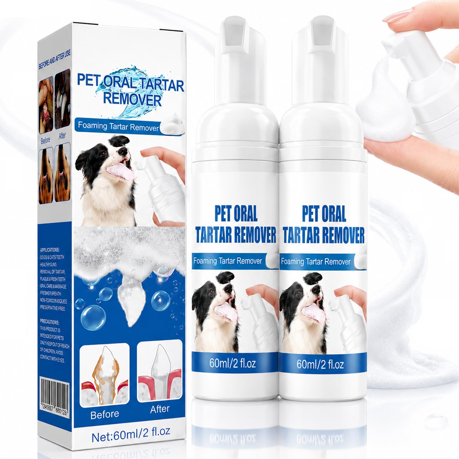 HERRADI Pet Dental Tartar Remover Spray 2Pcs for Dogs and Cats, Foaming Oral Care, Breath Freshener, Teeth Cleaning, Reduce Tartar, Suitable for Pets