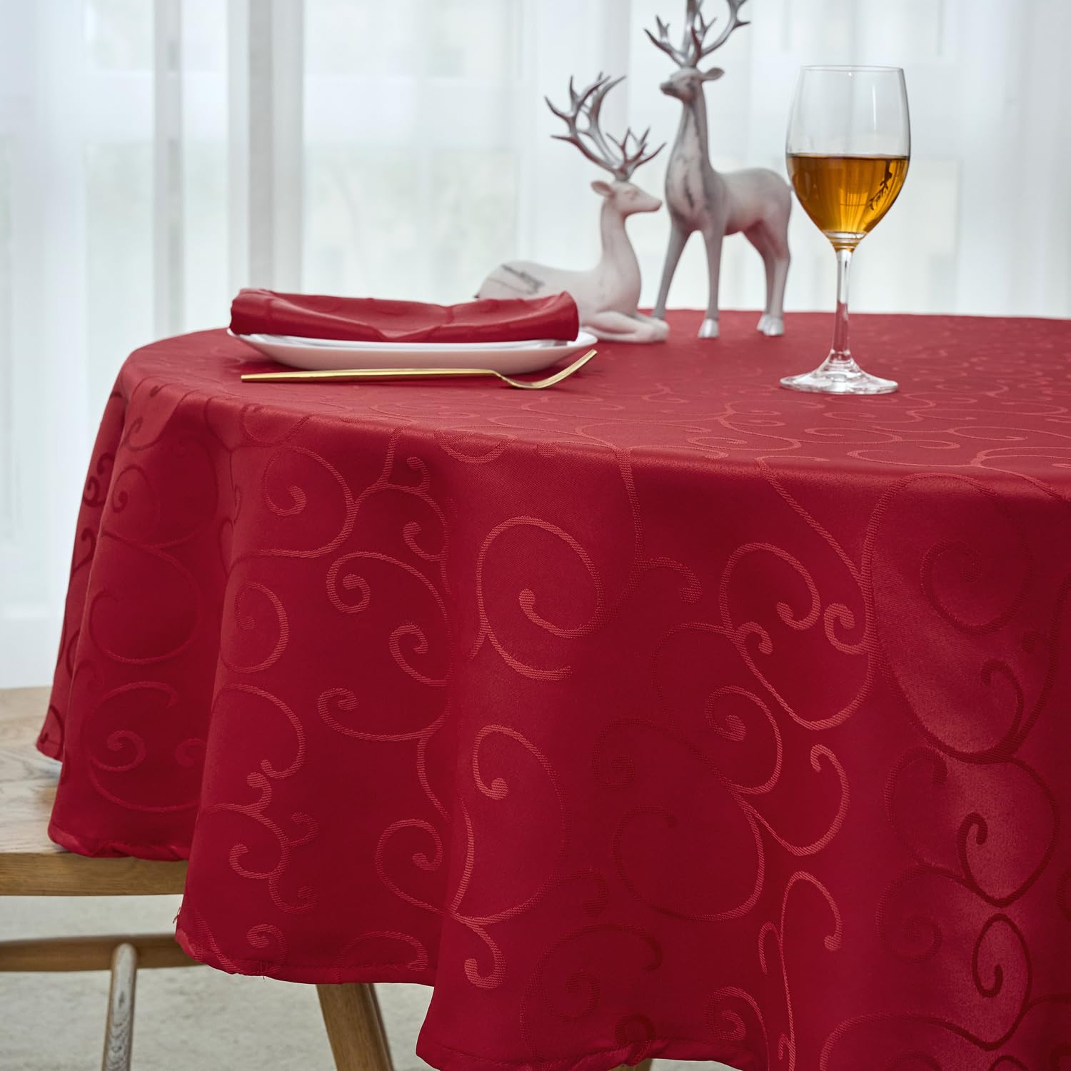 Marina Decoration Jacquard Waterproof Thick Elegant Luxury Premium Solid Damask Branch Scroll Decorative Home Kitchen Tablecloth Liquid Repellent and Stain Resistant, Red Color Round 70 Inch