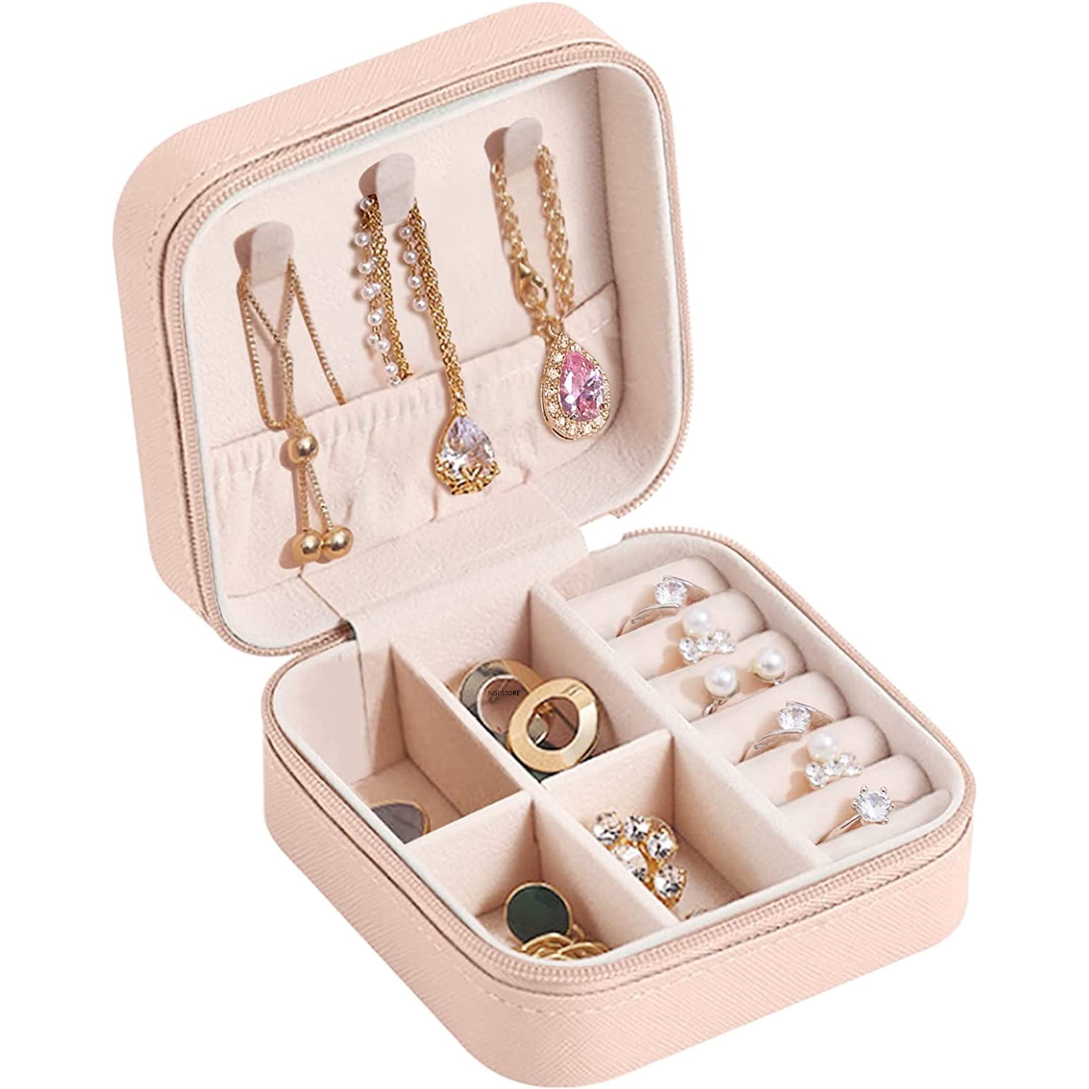NGI STORE Mini Jewelry Travel Case,Portable Jewellery Storage Holder for Rings Earrings Necklace Bracelet Organizer,Traveling,Gifts for Girls Women(PU-Pink) (Small PU Leather Jewelry Box)