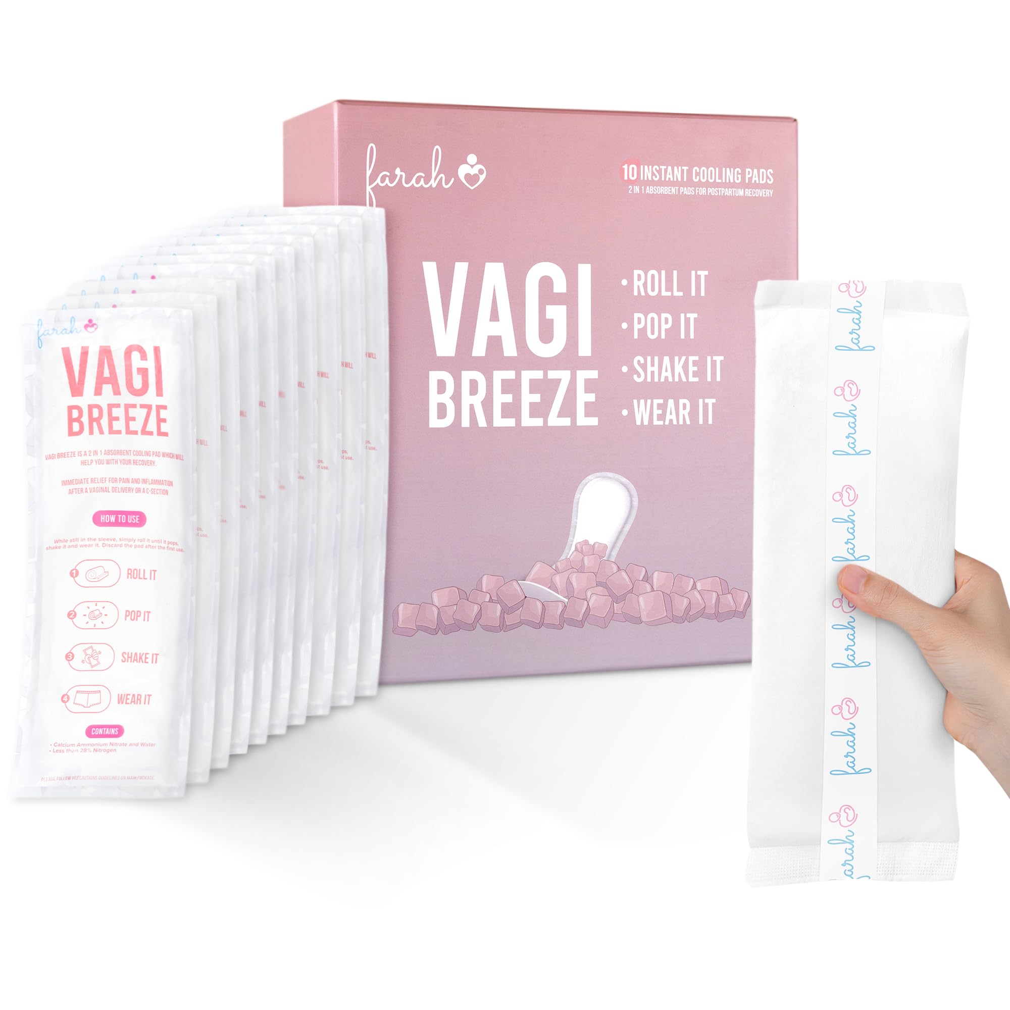 Farah Vagi Breeze 10 pack 2-in-1 Postpartum Absorbent Perineal Ice Pads Instant Cold Relief Packs And Absorbent Maternity Padsicle for use after birth (10 Pack)