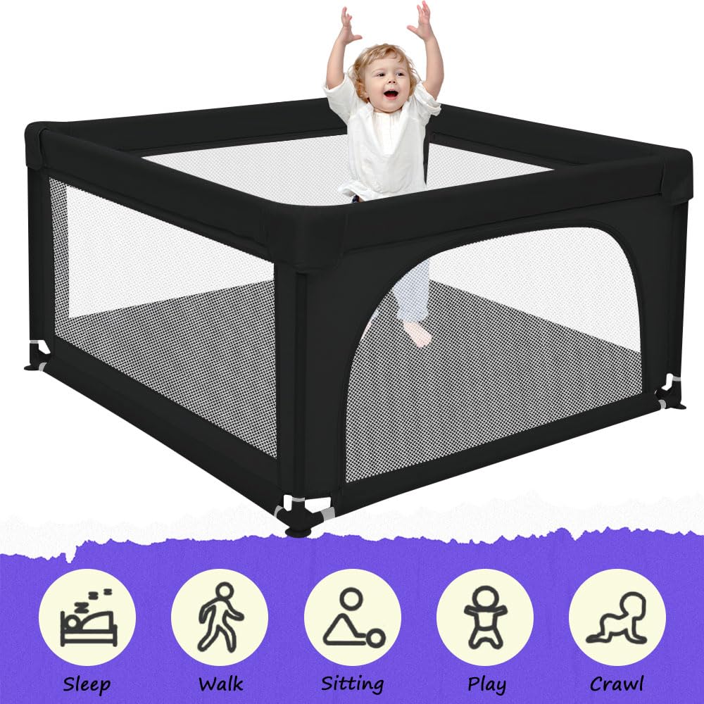 Parc Enfant Modulable Avec Base, Parc Pour Bébé, Antidérapante avec Balles, Baby Playpen Centre D'activités pour Enfants Pour L'intérieur et L'extérieur-120 * 120 * 66 cm-noir
