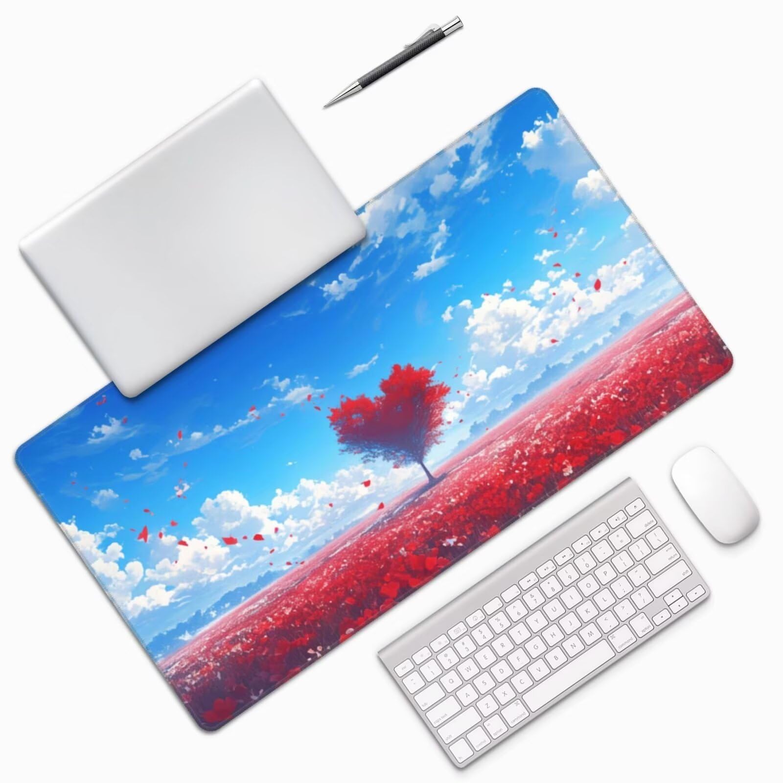Gaming Mauspad XXL 900x600x3mm Mousepad Verlängertes Groß Mauspad Schreibtischauflage,Genähte Kanten rutschfeste Gummibasis,Verbessert Präzision Geschwindigkeit Office Roter herzförmiger Baum L-3618