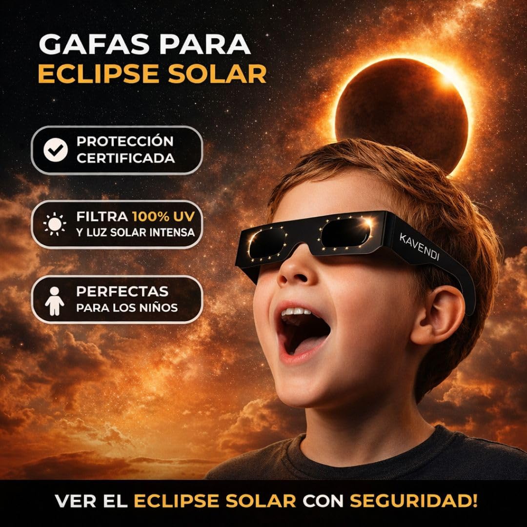 Kavendi Gafas Eclipse Solar Certificadas ISO 12312-2 CE Pack 3 Unidades, Gafas Protección Observación Segura del Sol, Filtro Profesional Astronómico para Adultos y Niños Eclipse 2026 - 4