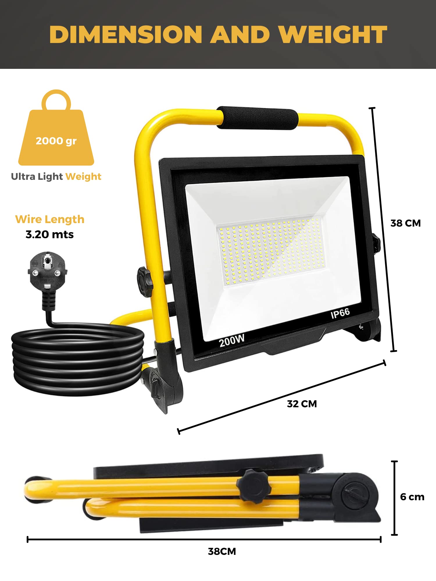 Foco de Trabajo LED 200W, Foco Proyector Portátil, Luz de Inundación Blanca 6000K, 20000LM, Panel Giratorio 360º, Impermeable IP65, Plegable, Cable 3m. Iluminación de Exterior, Taller, Obra, Garaje
