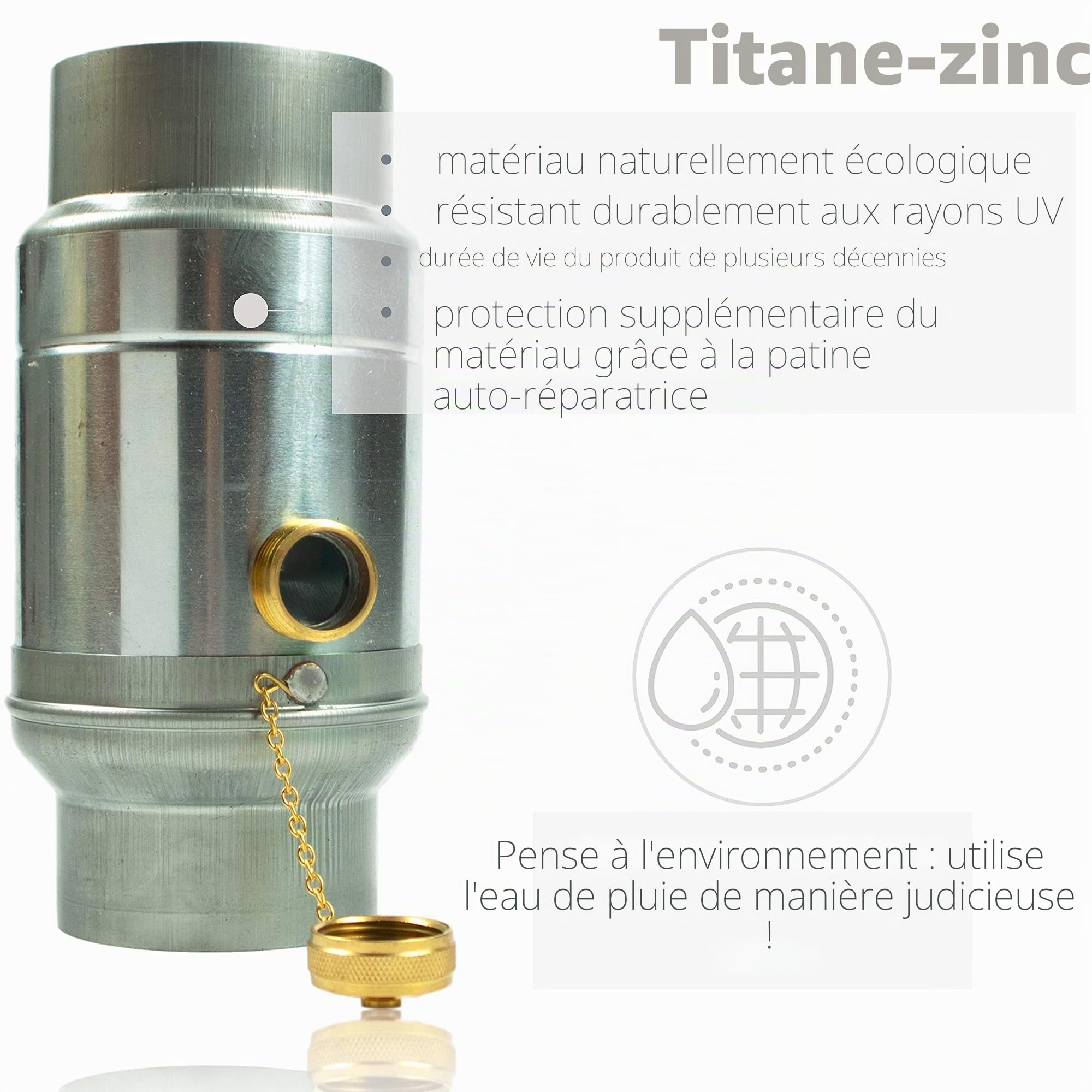 Collecteur d'eau de pluie en zinc 76/80/87/100/120 mm avec raccord pour tuyau d'égout, collecteur de pluie Titanzink 85 % d'eau grâce à une construction à double paroi