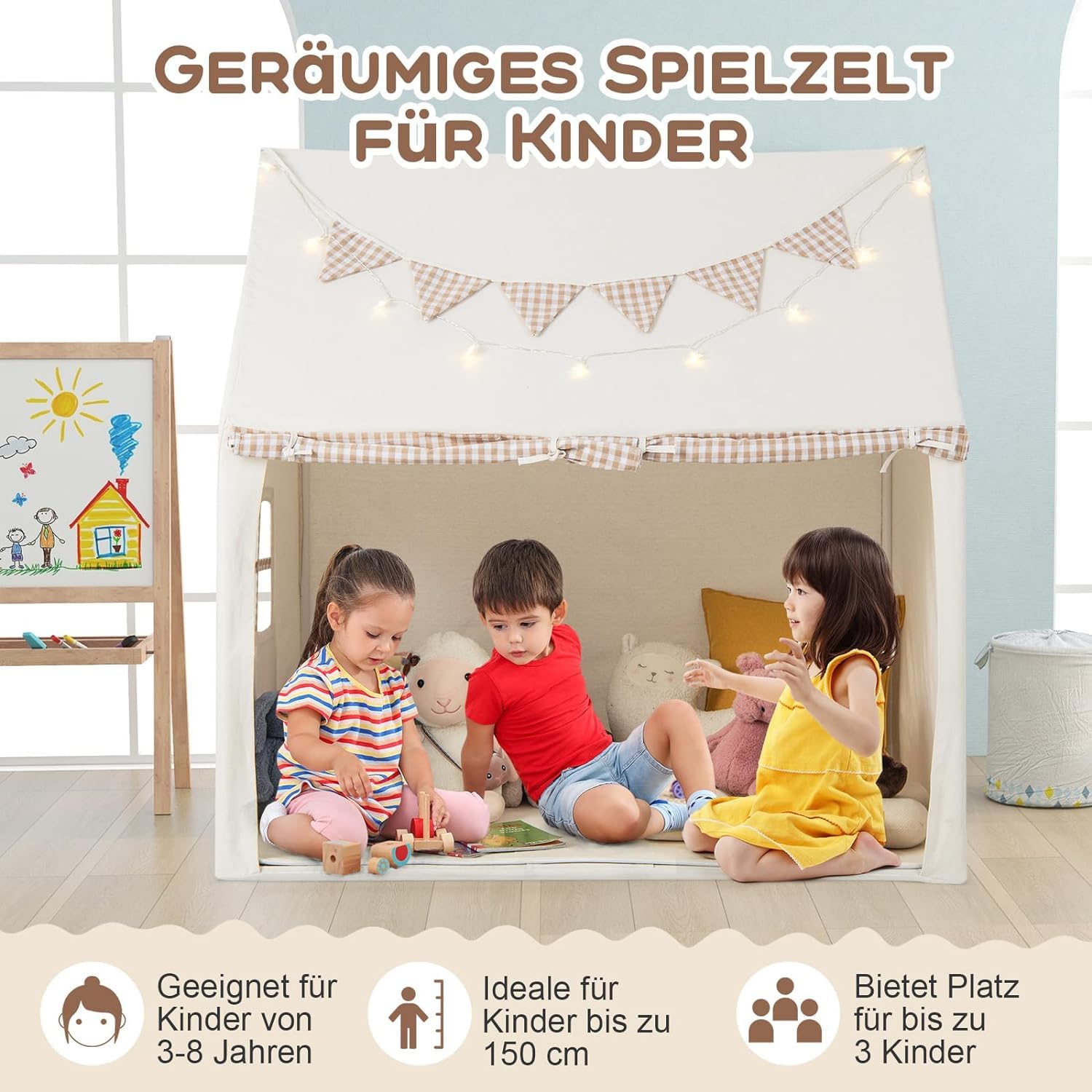 DREAMADE Kinderzelt für Drinnen mit Matte und Lichtern und Flaggenbanner, Kinder Spielhaus Indoor, Tipi Zelt, Spielzelt für Kinder ab 3 Jahren für Kinderzimmer Spielzimmer (Beige)