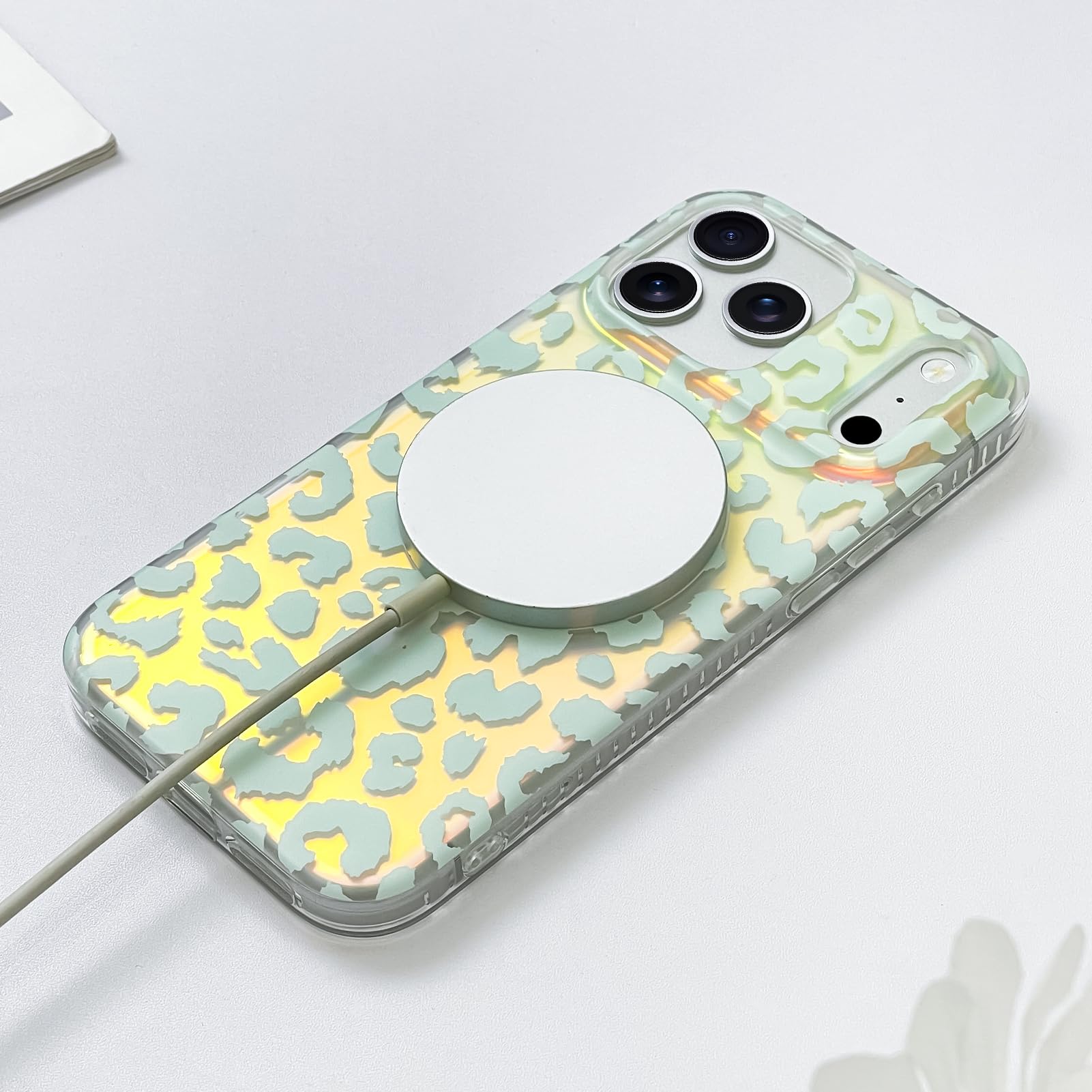 SAKUULO Custodia magnetica iridescente per iPhone 00 Pro, leopardo laser