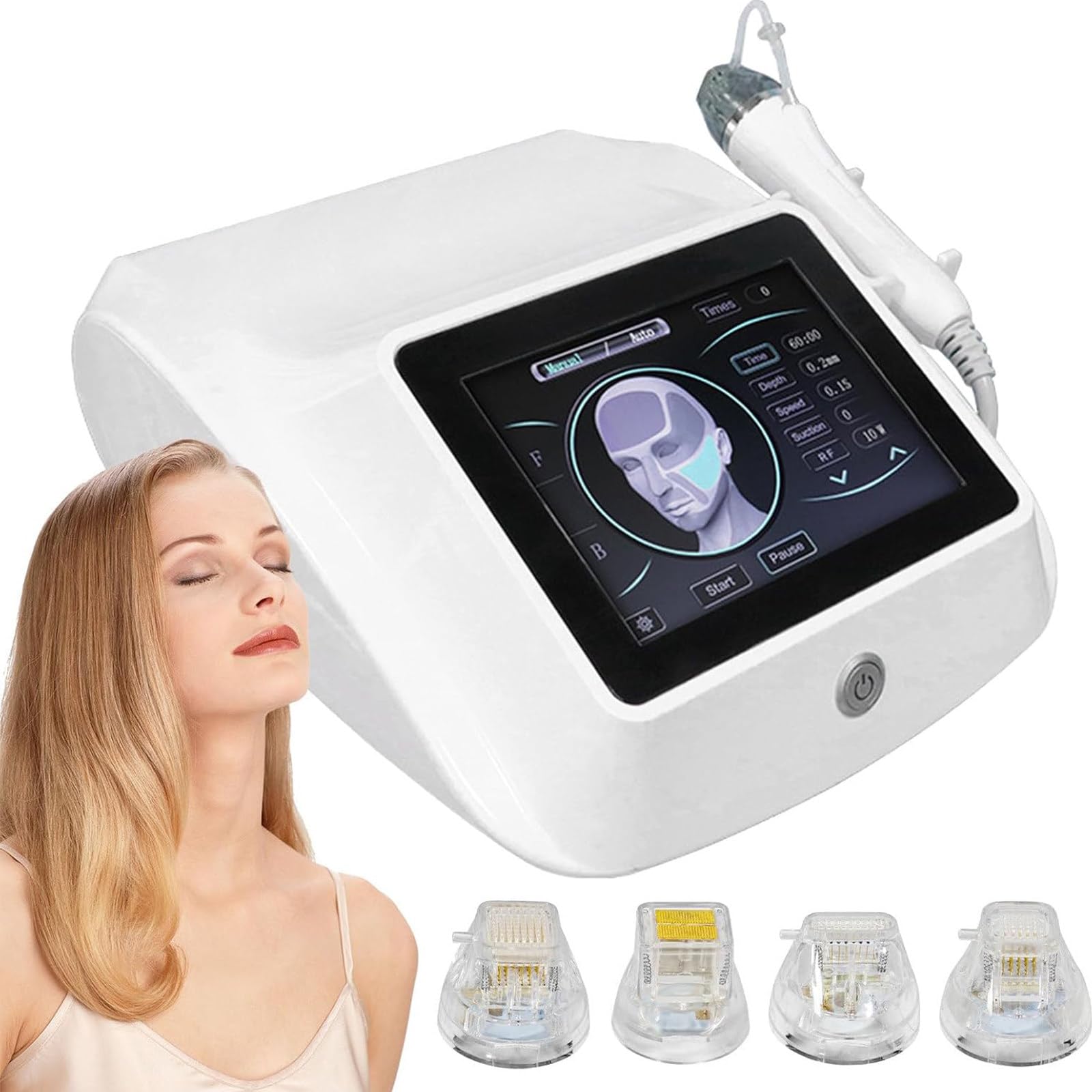 Máquina de Microagujas RF Fraccional, Máquina de Microagujas de Radiofrecuencia Reparación de Cicatrices Rejuvenecimiento de la Piel para Ojos con 4 Cabezales y 2 Mango