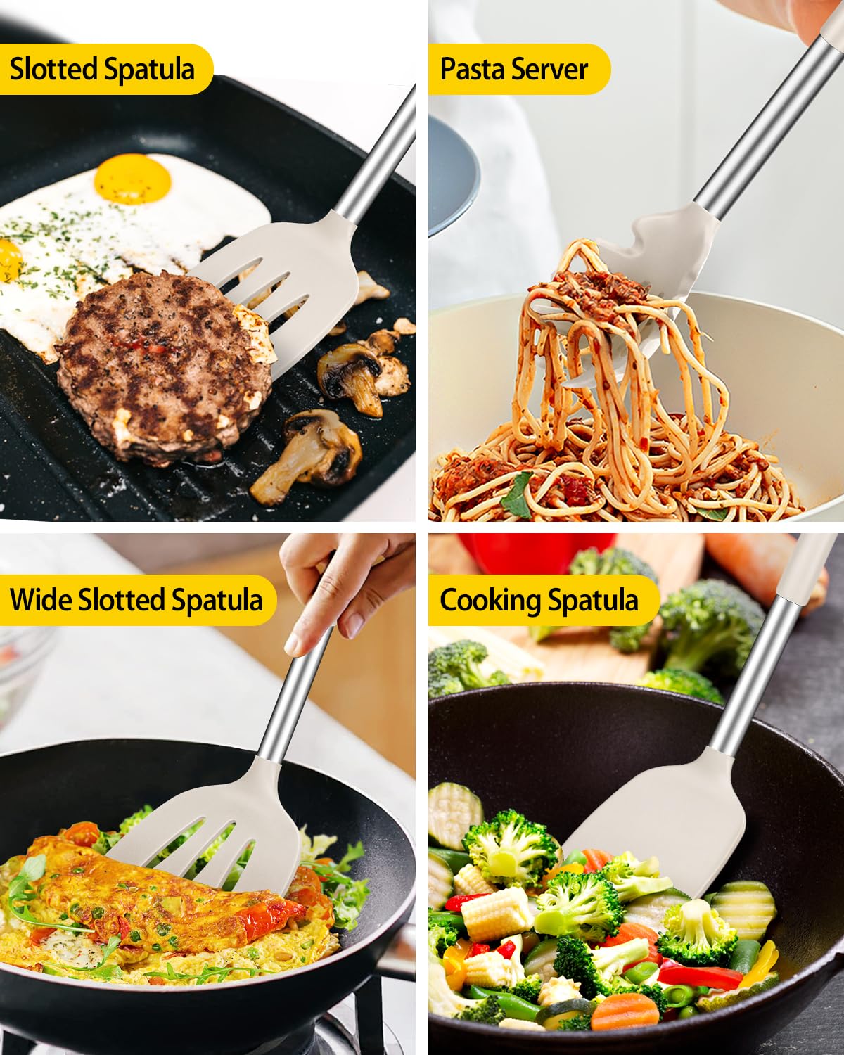 Juego de utensilios de cocina de silicona, 8 utensilios de cocina antiadherentes con mango de acero inoxidable, sin BPA, herramientas de cocina resistentes al calor con espátulas, volteadores,