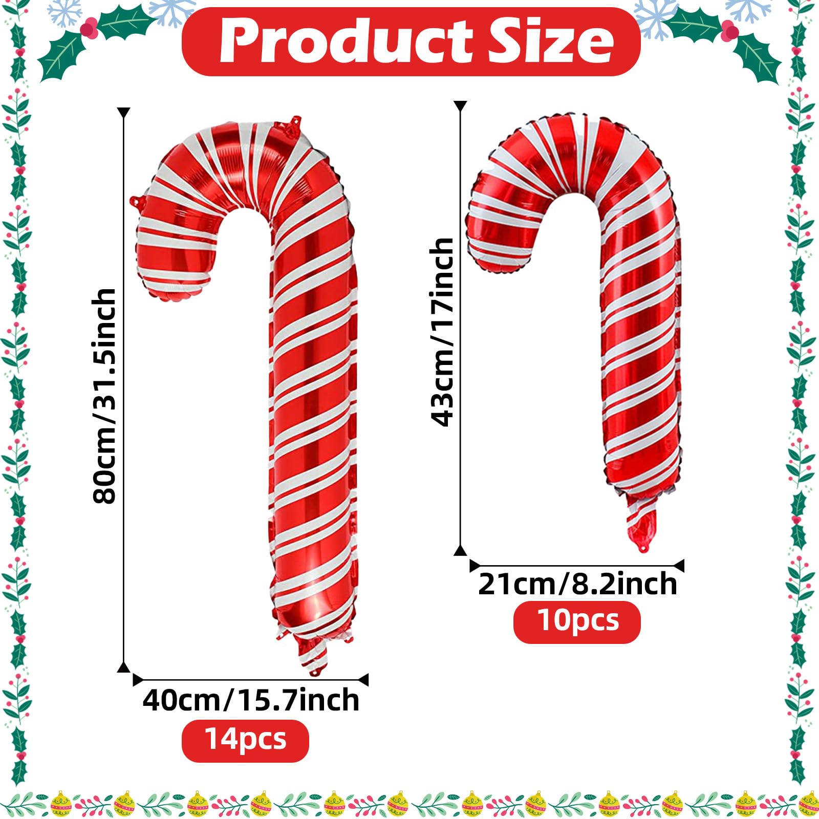 Christmas Candy Cane Foil Balloons, 24 Pieces Large and Small Sweet Christmas Candy Cane Mylar Balloons - Image 2