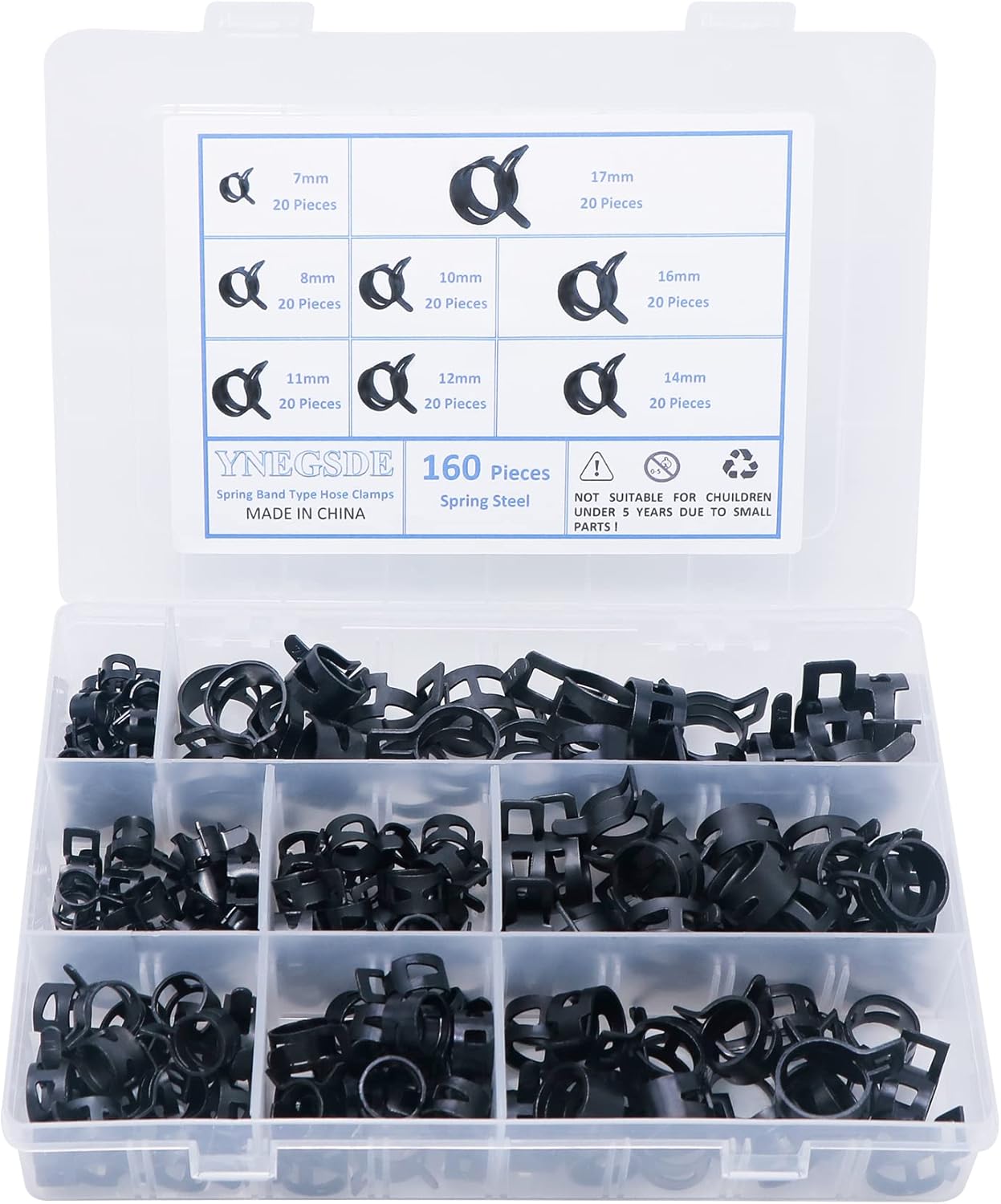 Spring Band Type Action Fuel Line Silicone Vacuum Hose Pipe Clamp Low Pressure Air Clip Clamp Assortment Kit -160Pcs(8 Size 7mm 8mm 10mm 11mm 12mm 14mm 16mm 17mm)