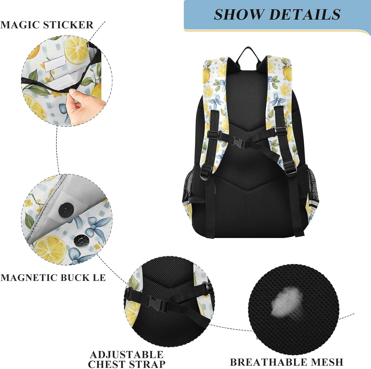 Aslsiy Kids Backpack Cute Bows Lemon (6) Backpack for Boys Girls Book Bag 17 Inch Daycare Laptop Bag Student Back to School Supplies