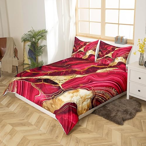 Miniatura 2 de Funda de edredón de mármol rosa rojo tamaño Queen, juego de ropa de cama dorada para parejas, funda de edredón de textura metálica abstracta,