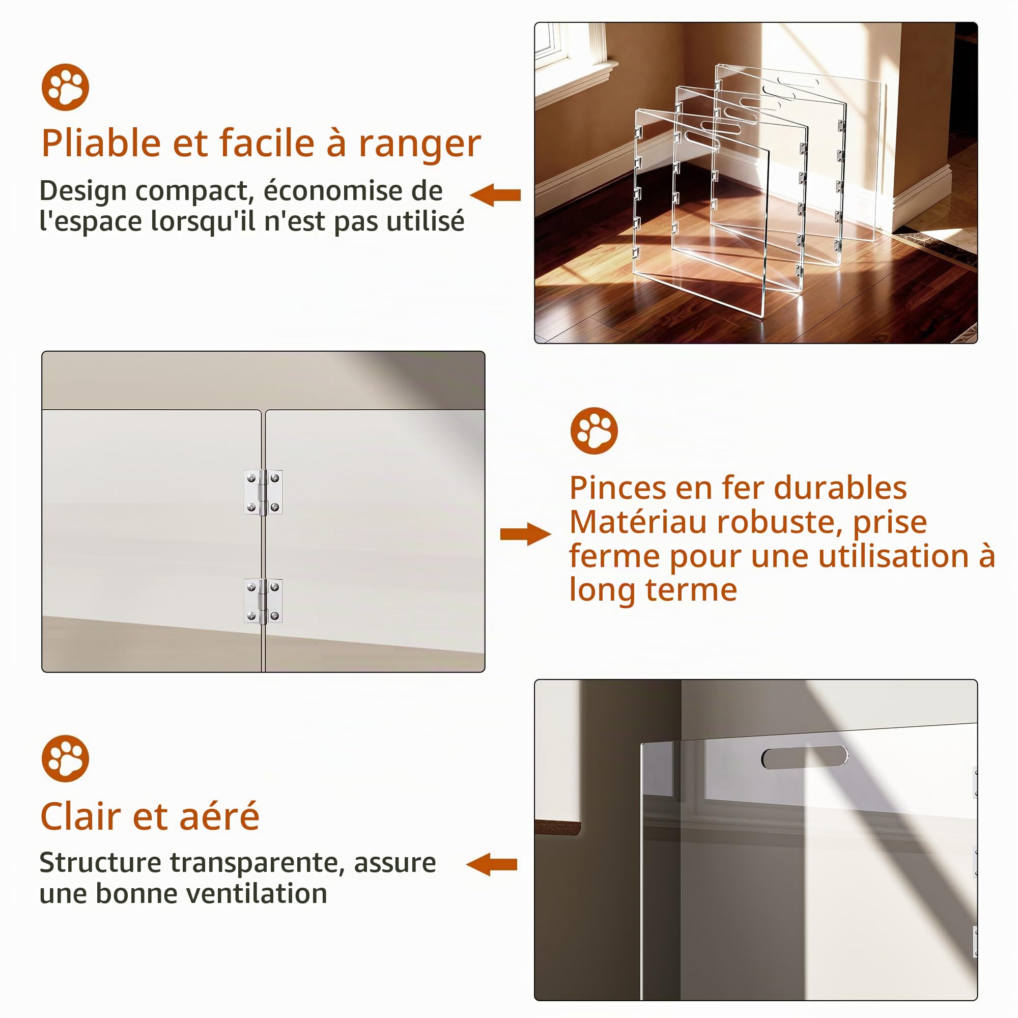 Barrière pour chien en acrylique transparent, barrière pour animaux de compagnie autostable pour portes d’intérieur, parc de jeu pliable en acrylique pour chien sans perçage (Transparent, 6 panneaux)