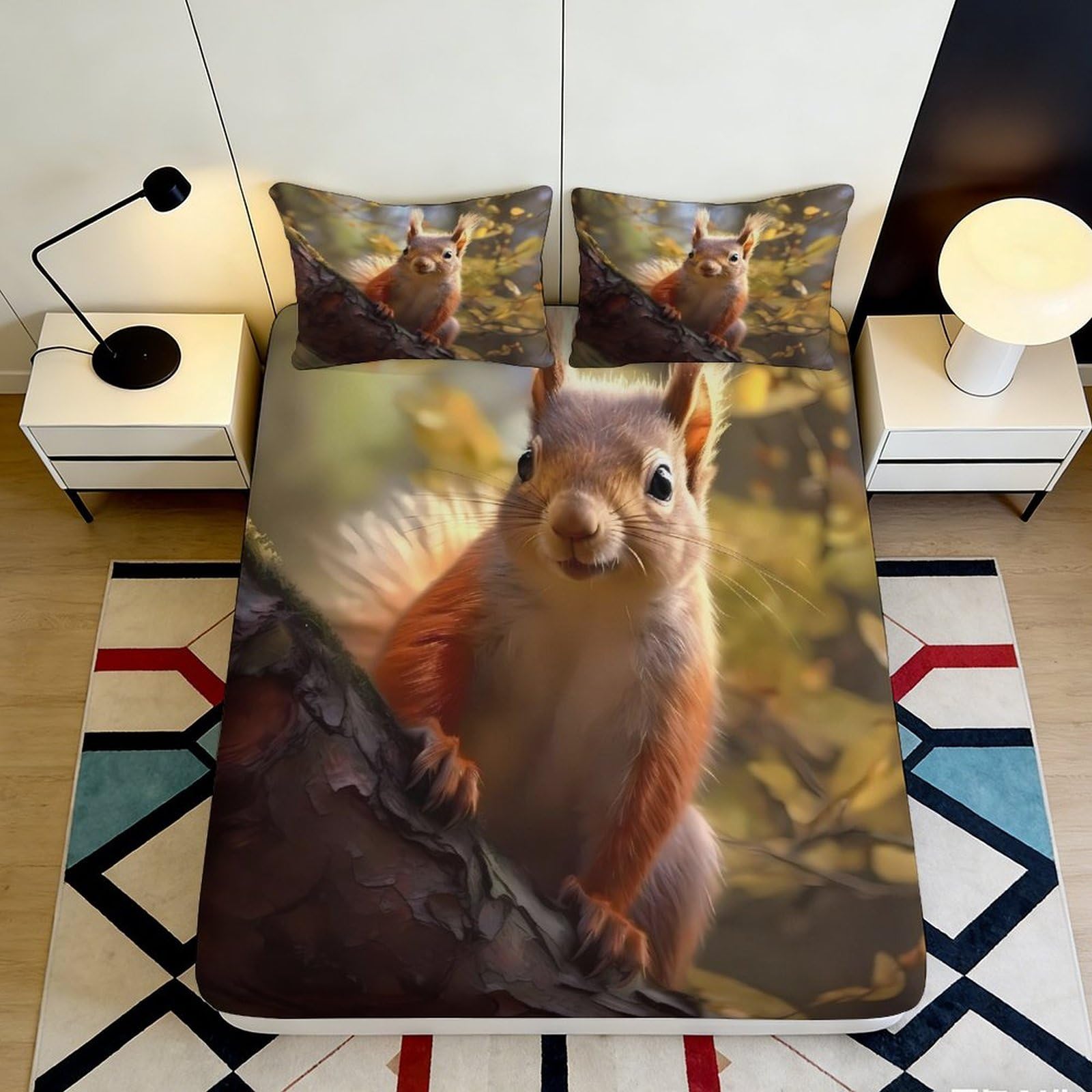 3D Printed Squirrel Fitted Sheet Microfiber Soft Breathable Autumn Forest Bed Cover for Bedroom Dormitory Guest Room Mattress Protection Decor 160x200x25cm