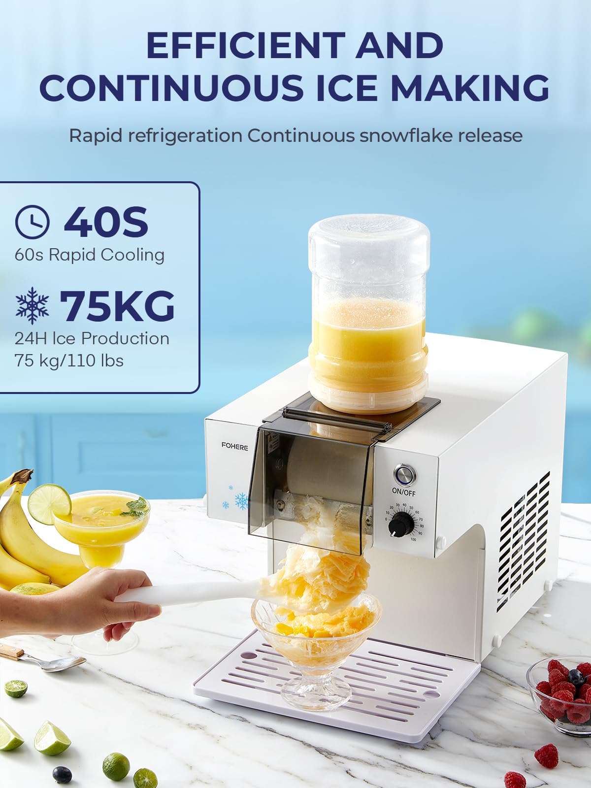 FOHERE Gewerbliche Schnee-Eismaschine 75kg/24h - Edelstahl Bingsu Maschine mit Selbstreinigungsfunktion & Kompressor - Profi Snowflake Ice Maker für Café, Milchtee-Bar & Gastronomie