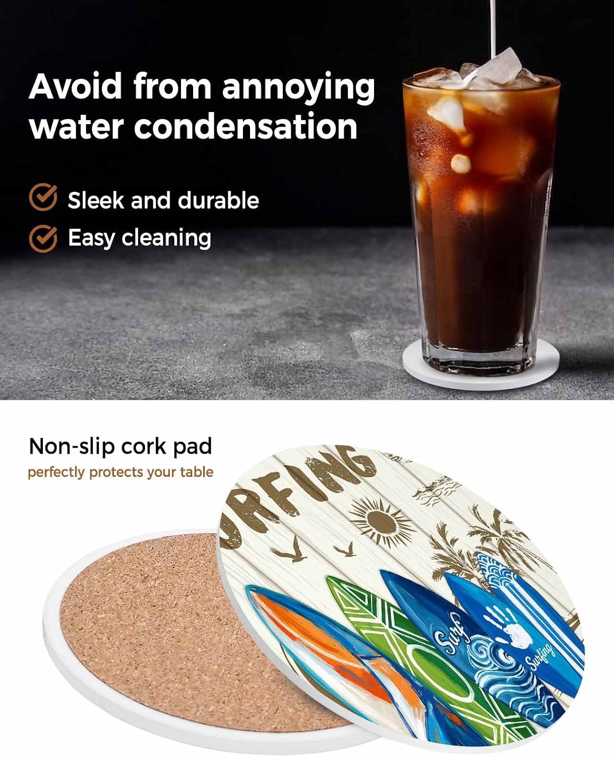 Coasters Set of 6 Summer Surfing Drink Coasters with Holder Absorbent Stone Ceramic Cup Mat Beach Palm Tree Wood Grain Coaster for Drinks Coffee Bar Office Kitchen Cafe Home Decor