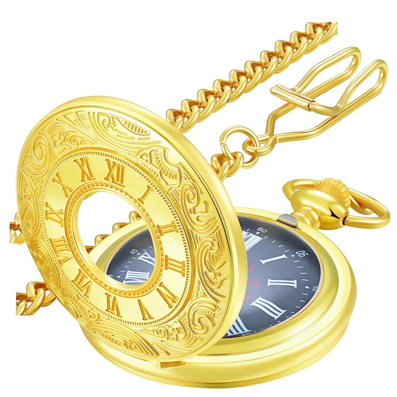 Vintage Pocket Watch for Men Roman Numerals Scale Quartz Pocket Watches with Chain for Xmas Fathers Day Gift