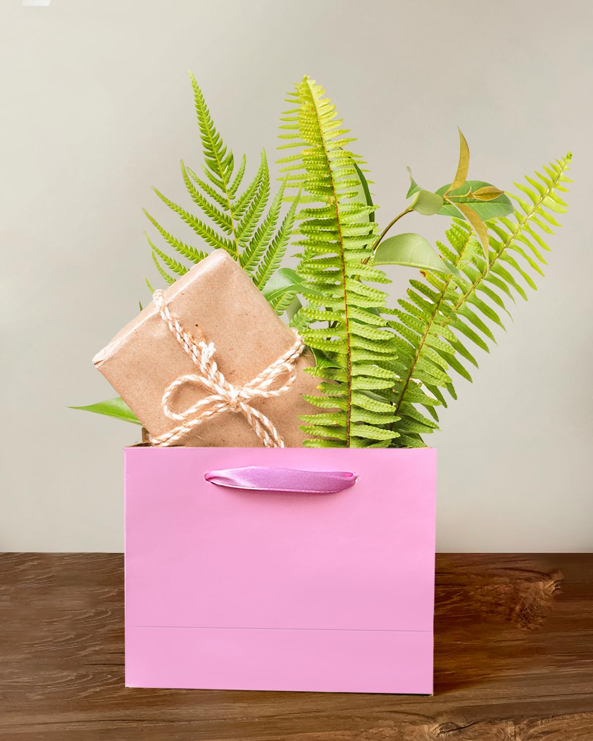qiqee 5PCS Pink Gift Bags with Ribbon Handles 9.6"x7.9"x4.3" Medium Size Gift Bags (Tissue Paper included, Medium Wide)