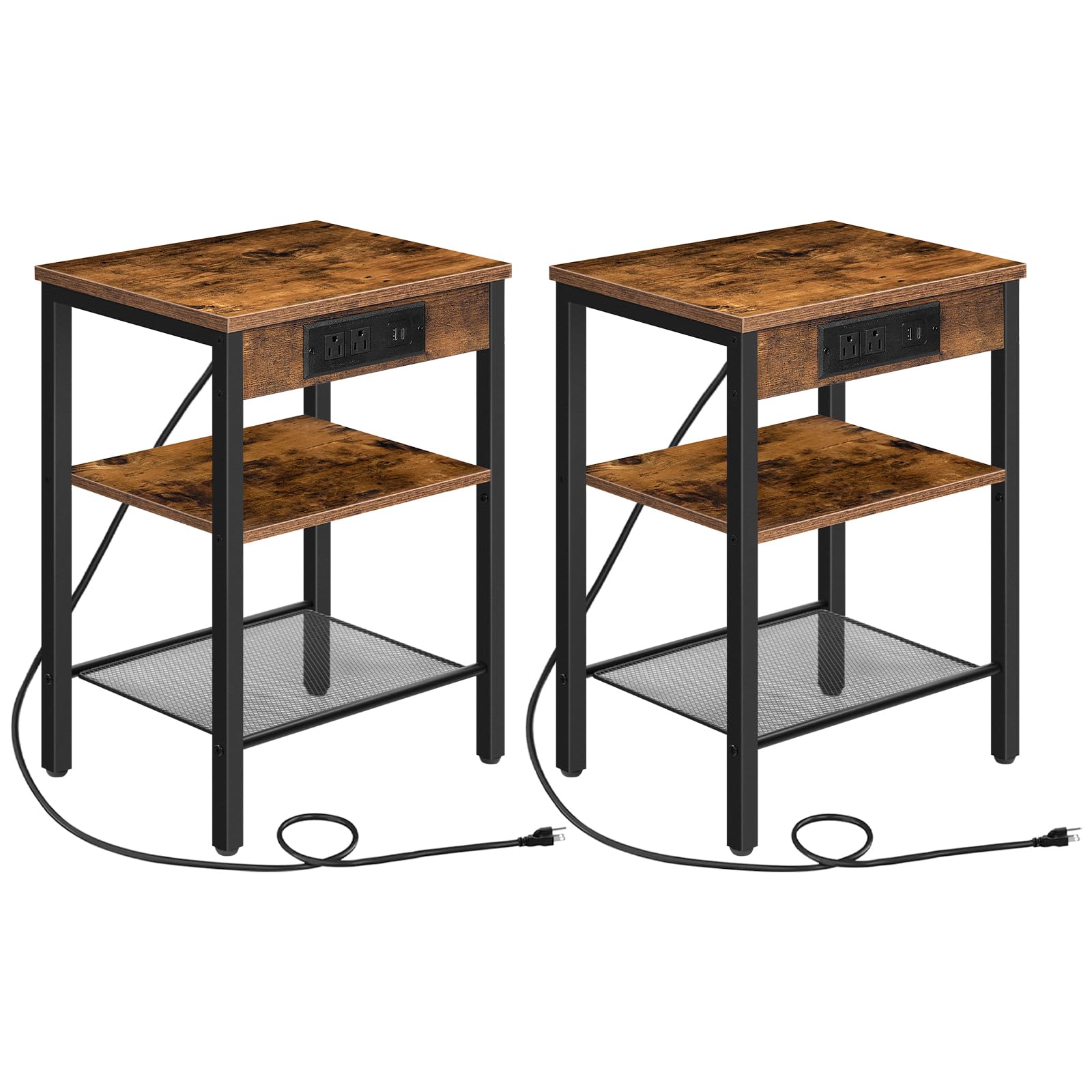 HOOBRO End Tables Set of 2 with Charging Station and USB Port, 3-Tier Nightstands with Adjustable Shelf, Small Side Tables for Small Space in Living Room, Bedroom, Rustic Brown BF112BZP201