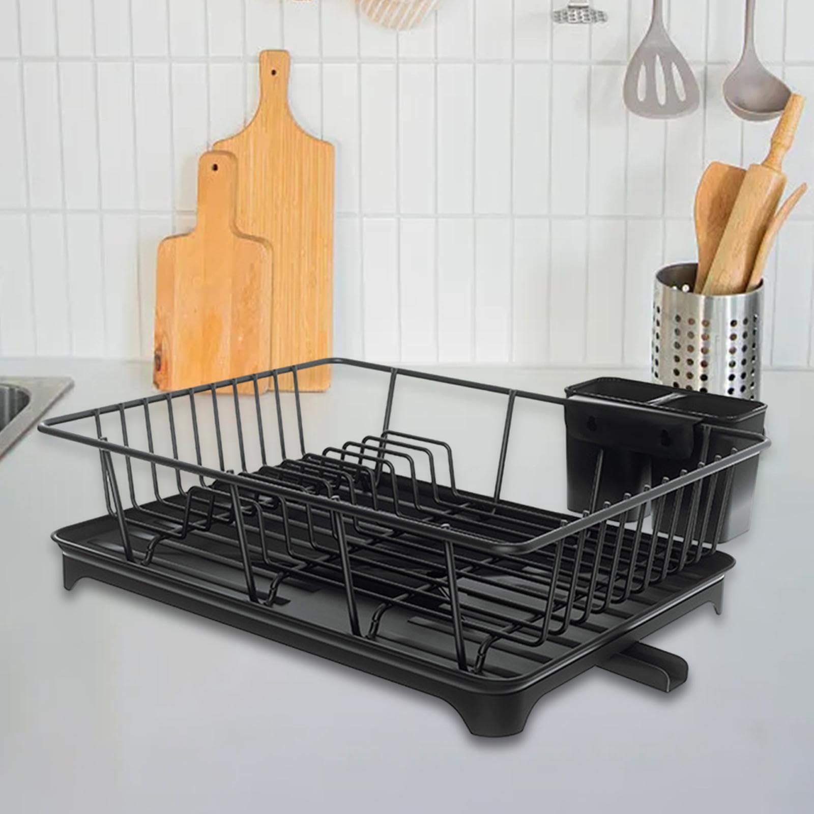 Escurridor de Platos para Encimera de Cocina, Escurridor de Platos, Organizador Multiusos Que Ahorra Espacio, Portavasos con, Negro, Individual
