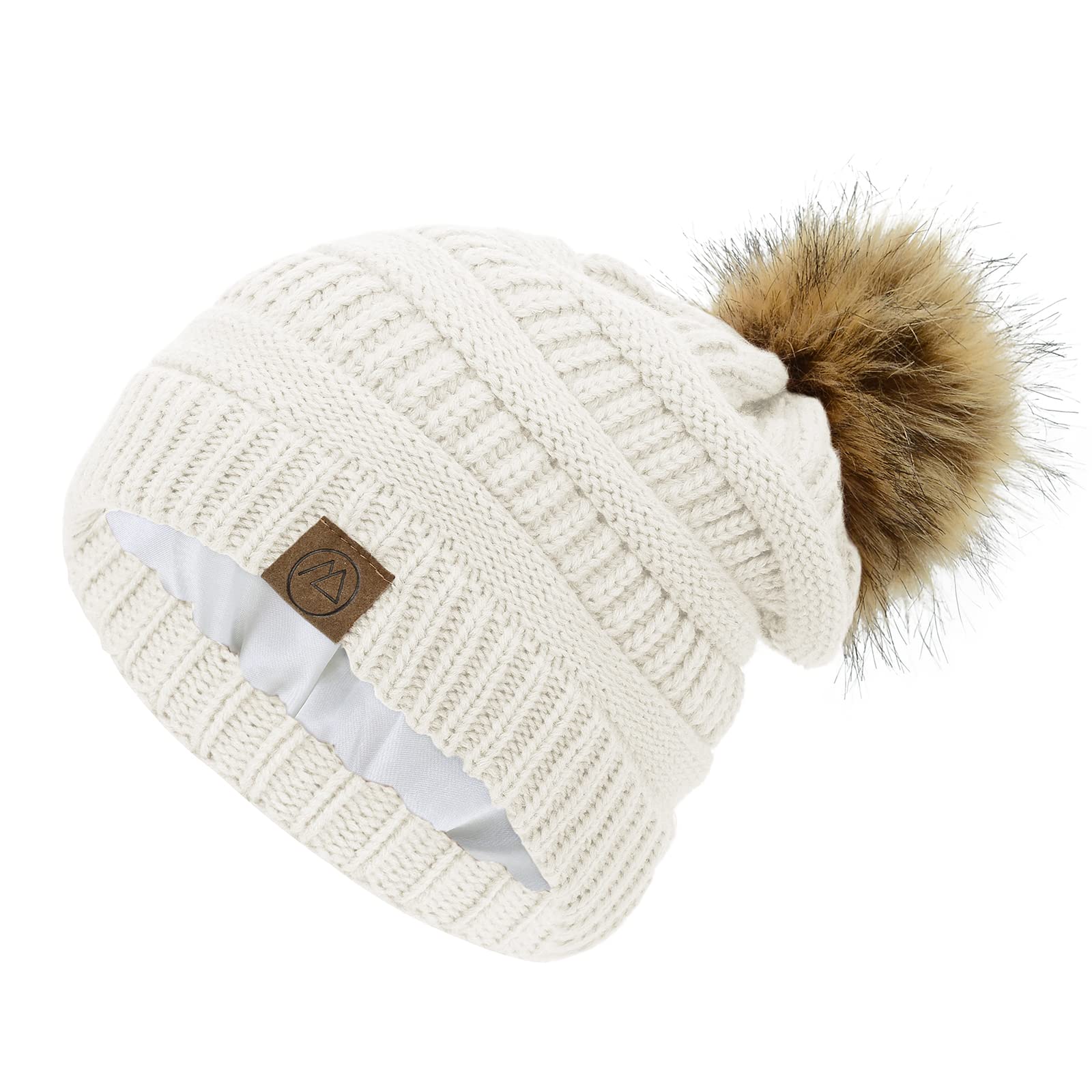 Satin Lined Beanie Winter Hats Silk Lining for Women Silk Lined Hat Slouchy Beanie with Pom A White
