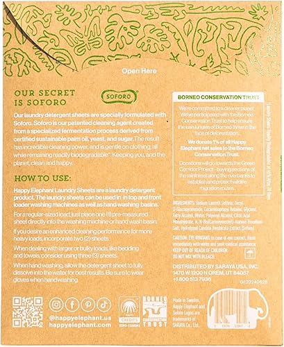 Miniatura 2 de Happy Elephant Hojas de detergente para ropa, sin fragancia, hojas de lavandería naturales biodegradables, a base de plantas, resistentes a las