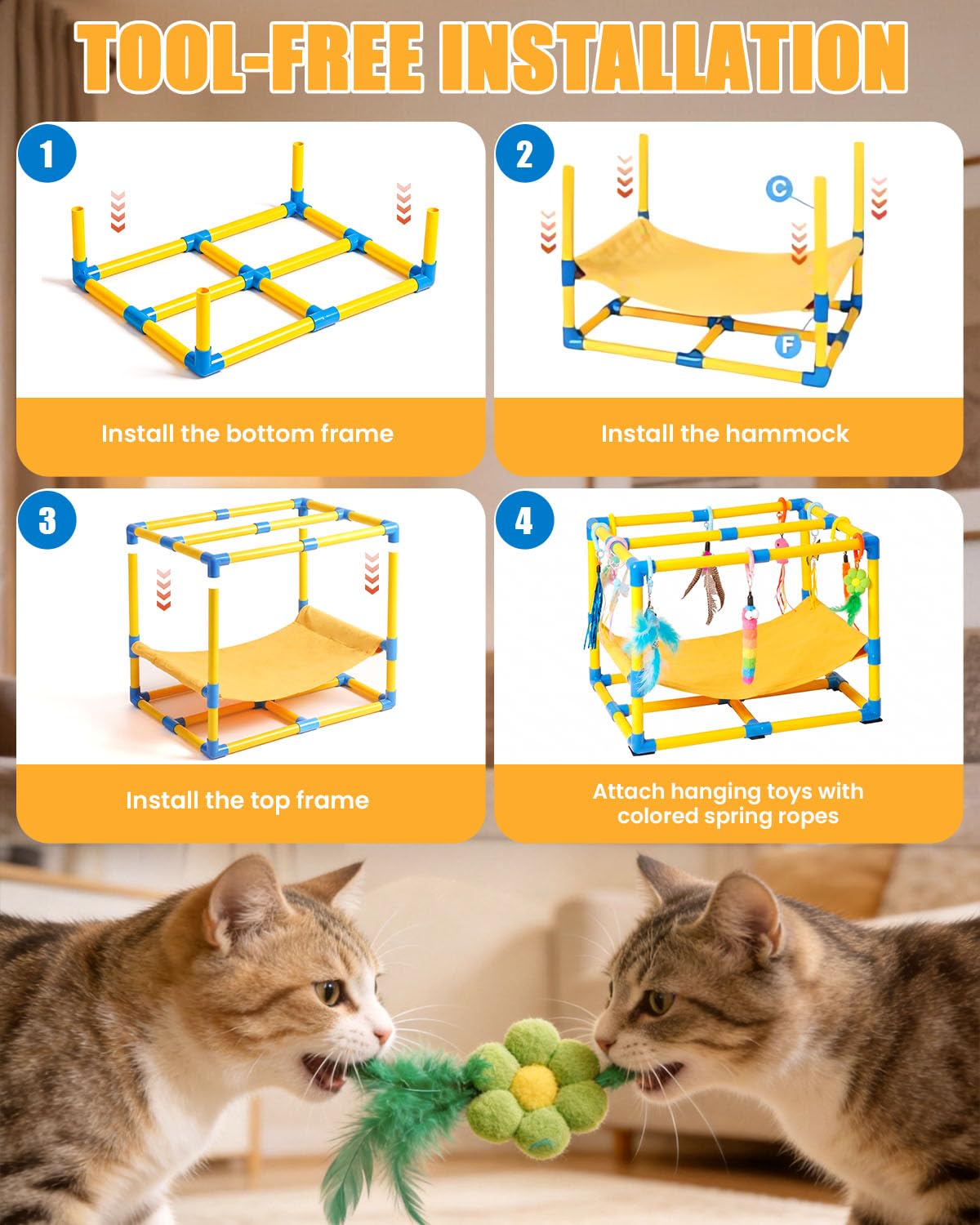 Gimnasio para Gatos con 10 Juguetes Interactivos Colgantes y Hamaca Cómoda | Centro de Actividades para Gatos de Interior, Estructura de PVC, 10 Cuerdas de Resorte, Parque de Juegos para Gatitos y Gatos