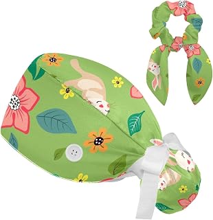 2 Pieces Surgical Cap for Long Hair Scrub Cap with Hairband Nurse Cap, Cartoon Rabbit and Leaf Flower