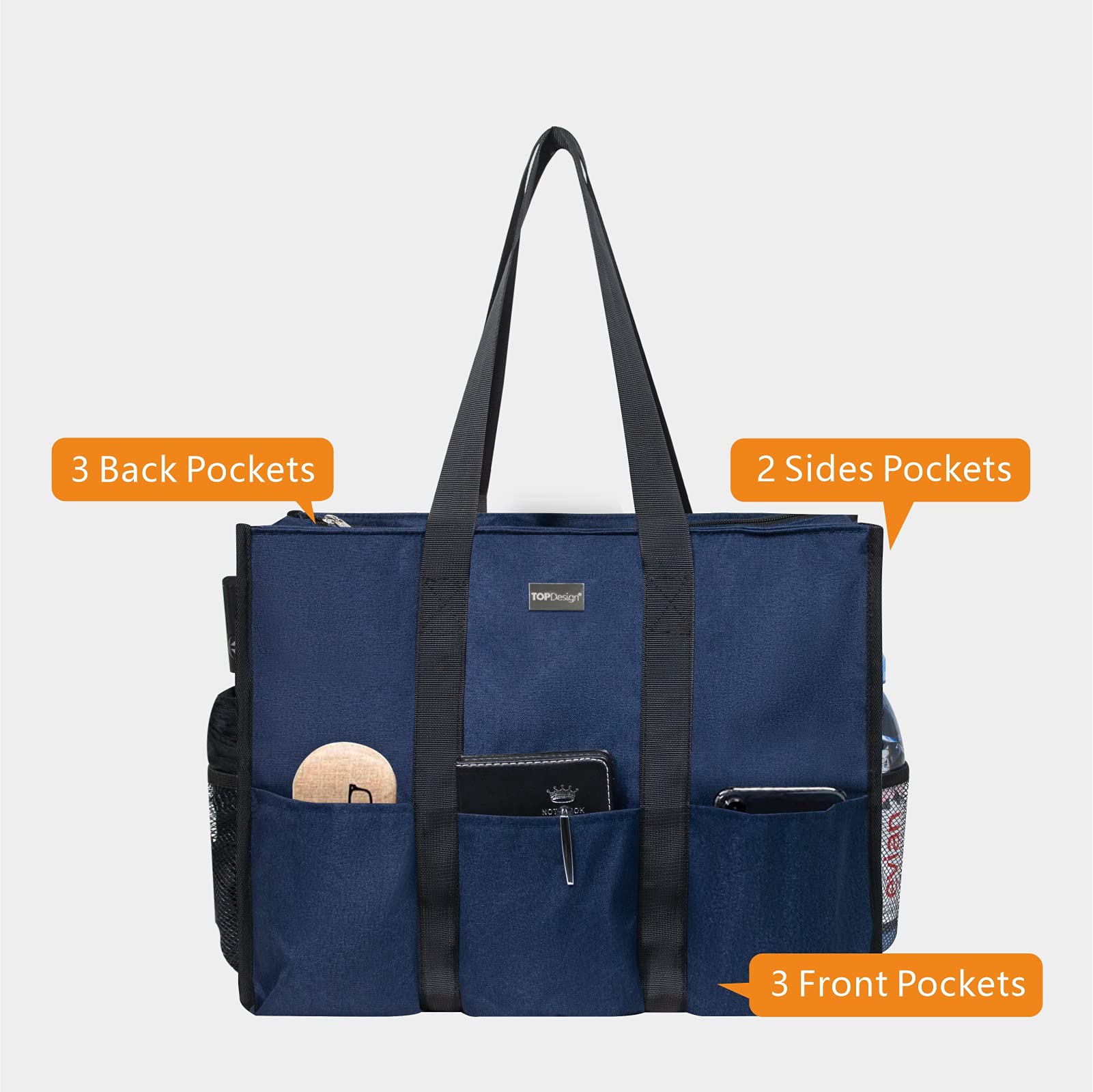 TOPDesign Wasserabweisende Tragetasche mit 13 Taschen, Reißverschluss oben und dicker Unterseite, für berufstätige Frauen