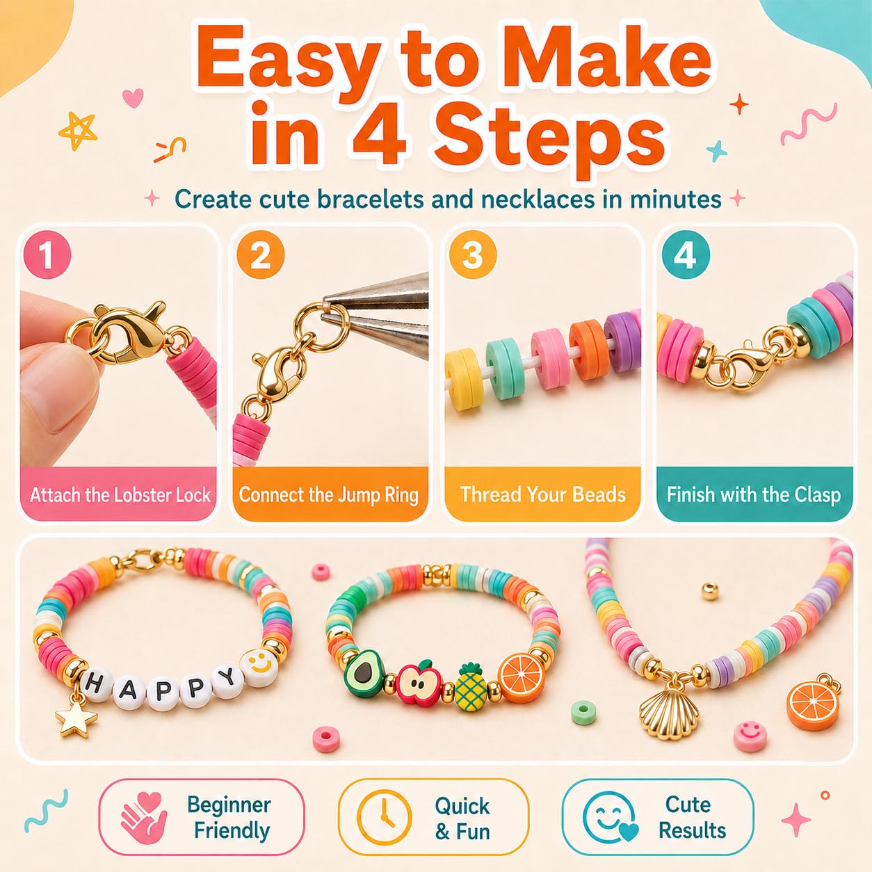 The Beading Co. Kit de fabricación de pulseras de más de 7500 cuentas de arcilla para niñas, cuentas heishi de 24 colores con cuentas de letras y dijes para pulseras de amistad y kit de fabricación de