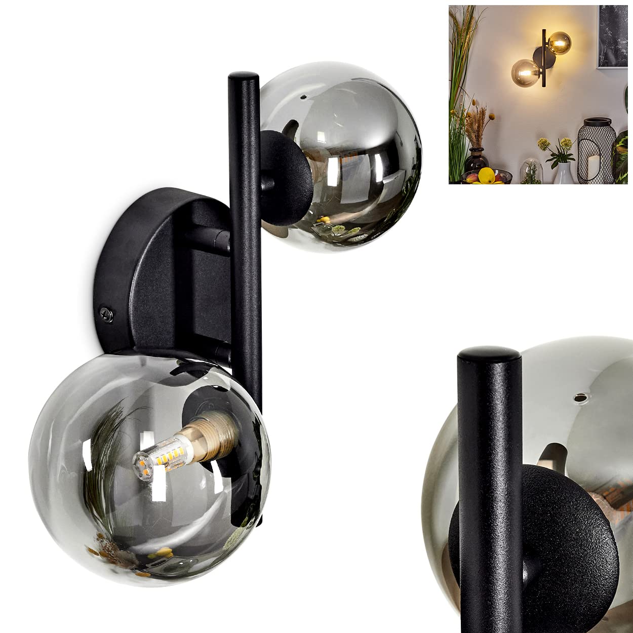 Wall Light Chehalis, Modern wall Light Made of Metal/Glass in Black/Smoke, Retro/Vintage Light with lampshades Made of Smoked Glass (Ø 10/12,5 cm), 2-Flame, 2 x G9, Without Bulbs