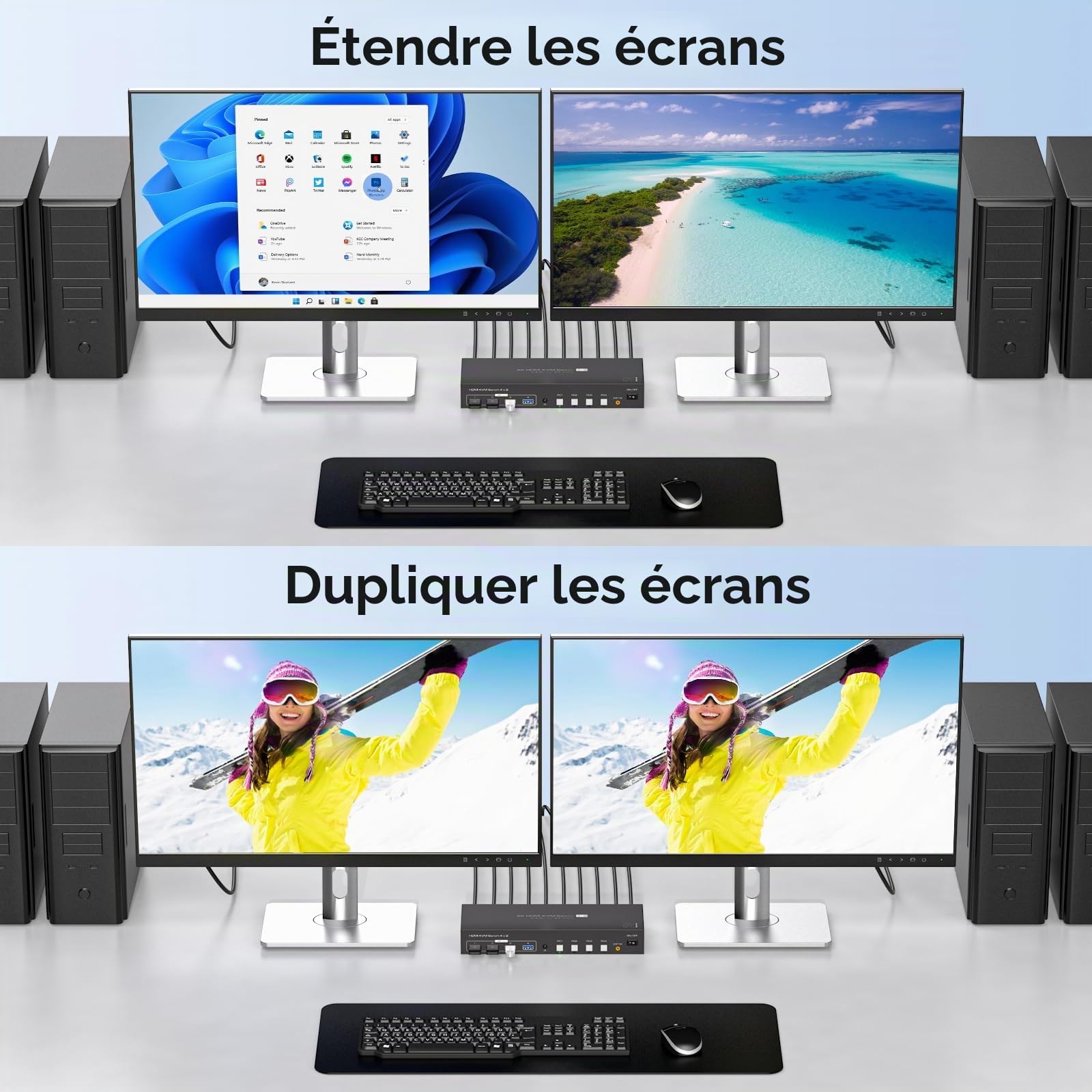 HDMI KVM Switch 4 PC 2 Monitor 4K60Hz Emulation Edid Commutateurs KVM 4 In 2 Out HDMI USB 3.0 Switch Pour 4 Ordinateurs 2 Moniteurs Et 4 Périphériques USB 3.0 Avec Télécommande IR