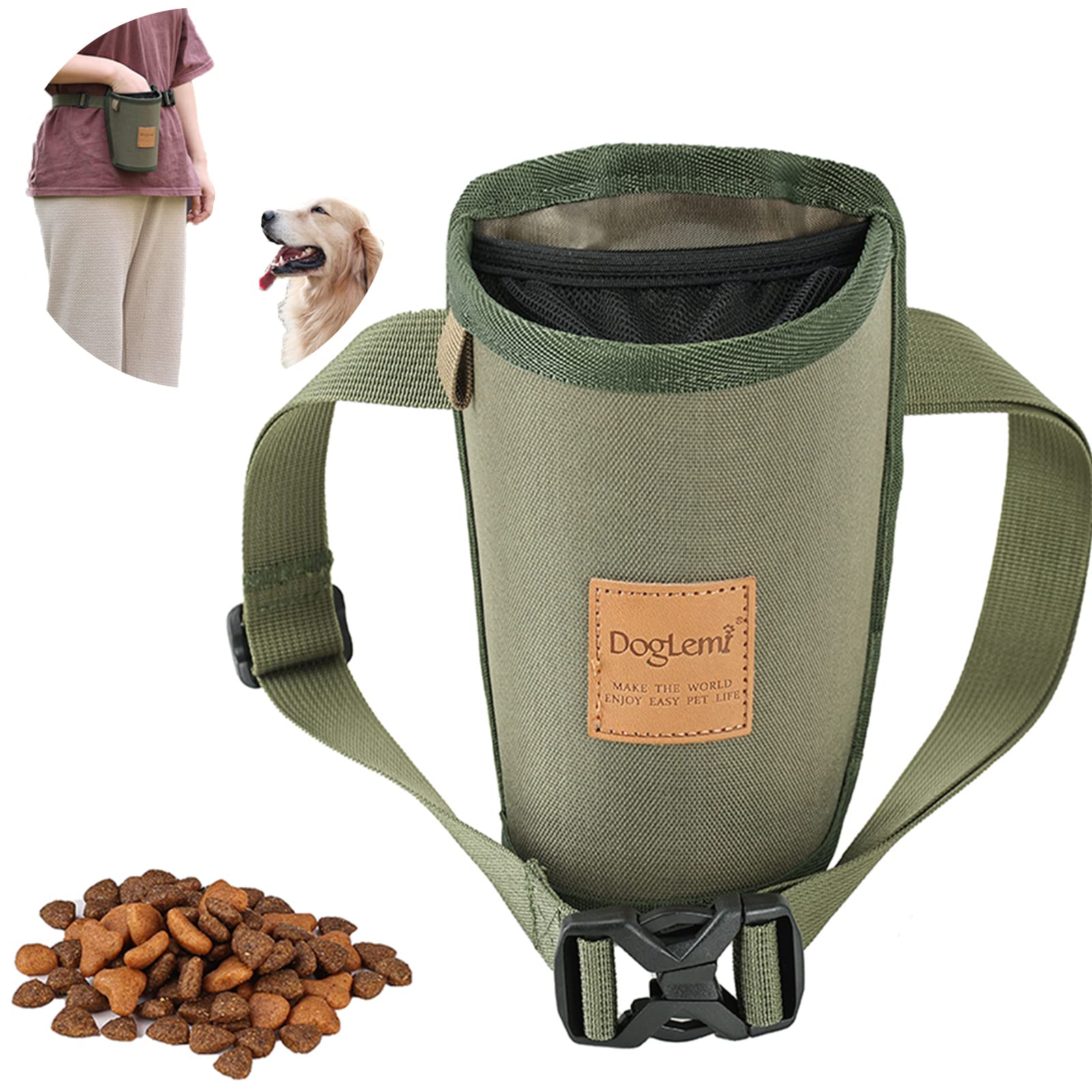 Duuclume Dog Treat Training Pouch 3 Ways To Wear Elastic Leak-Proof Food Mesh Design Built-in Poop Bag Dispenser Adjustable Multifunctional Shoulder/Waist Bag for Pet Walking and Travel（Army green ）