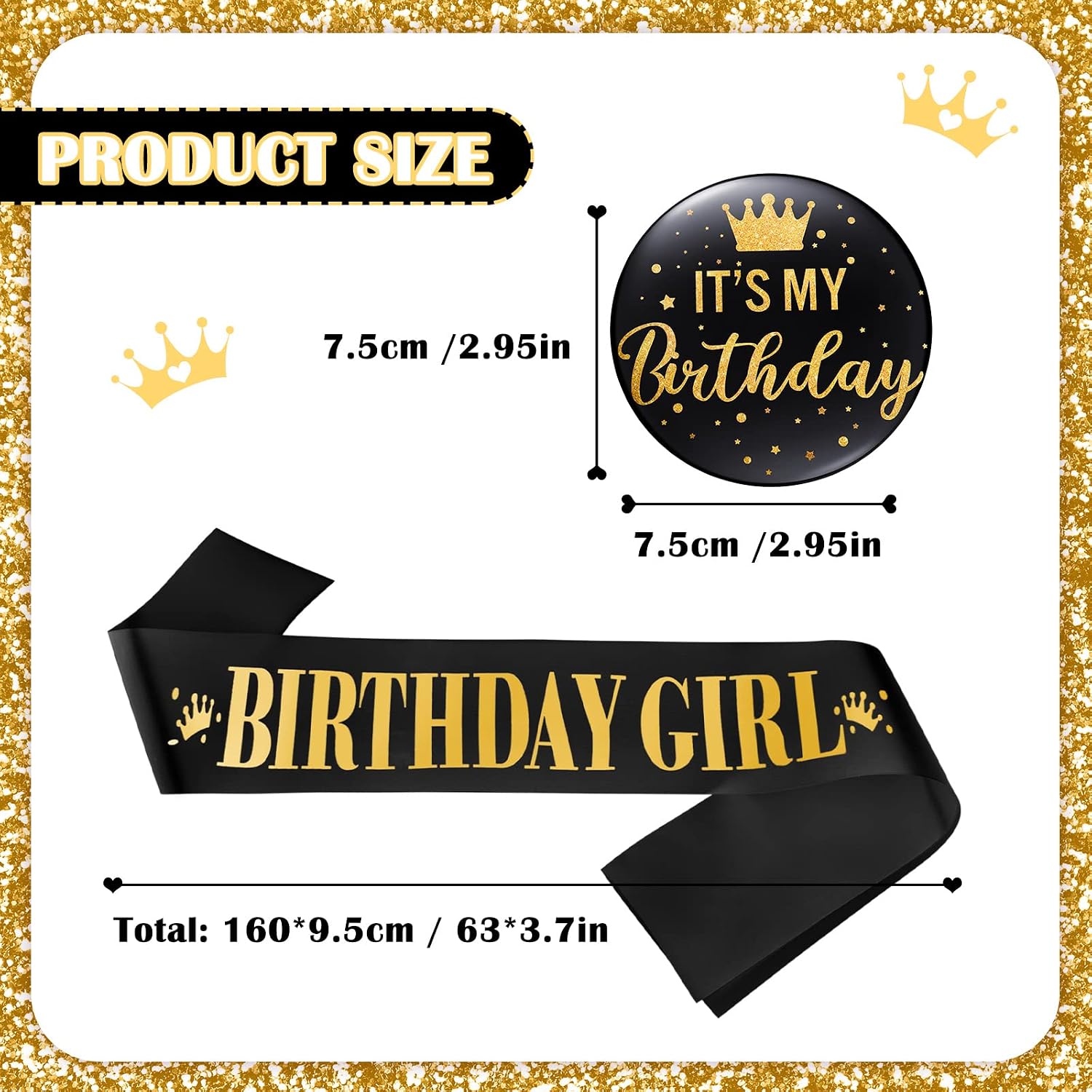 Yaomiao Birthday Sash for Women Birthday Sash Party Decorations and It's My Button Glittery Metal Pin Its My Pin Badge for Party Decoration(Black Gold) - Image 3
